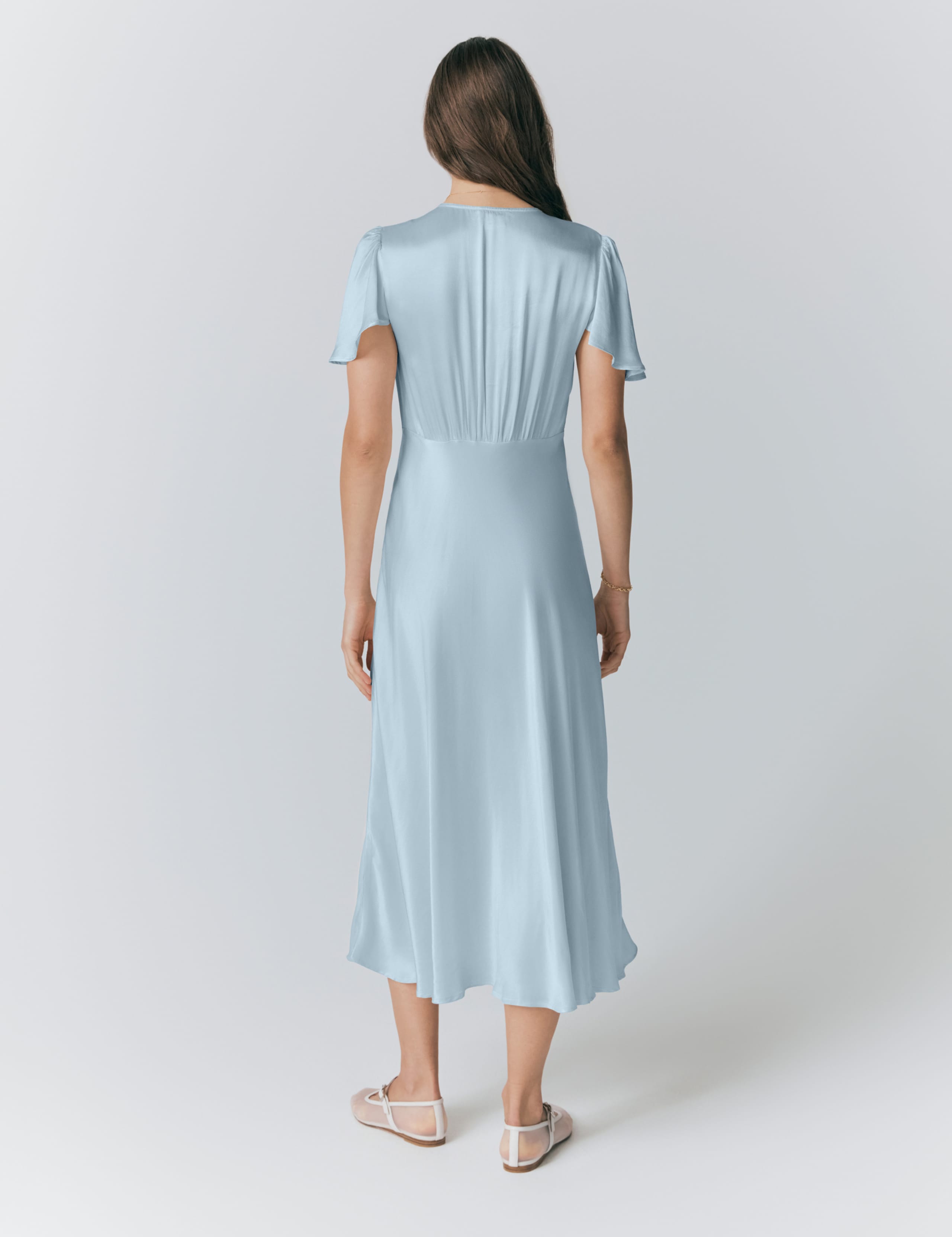 Satin V-Neck Angel Sleeve Midi Tea Dress 2 of 4