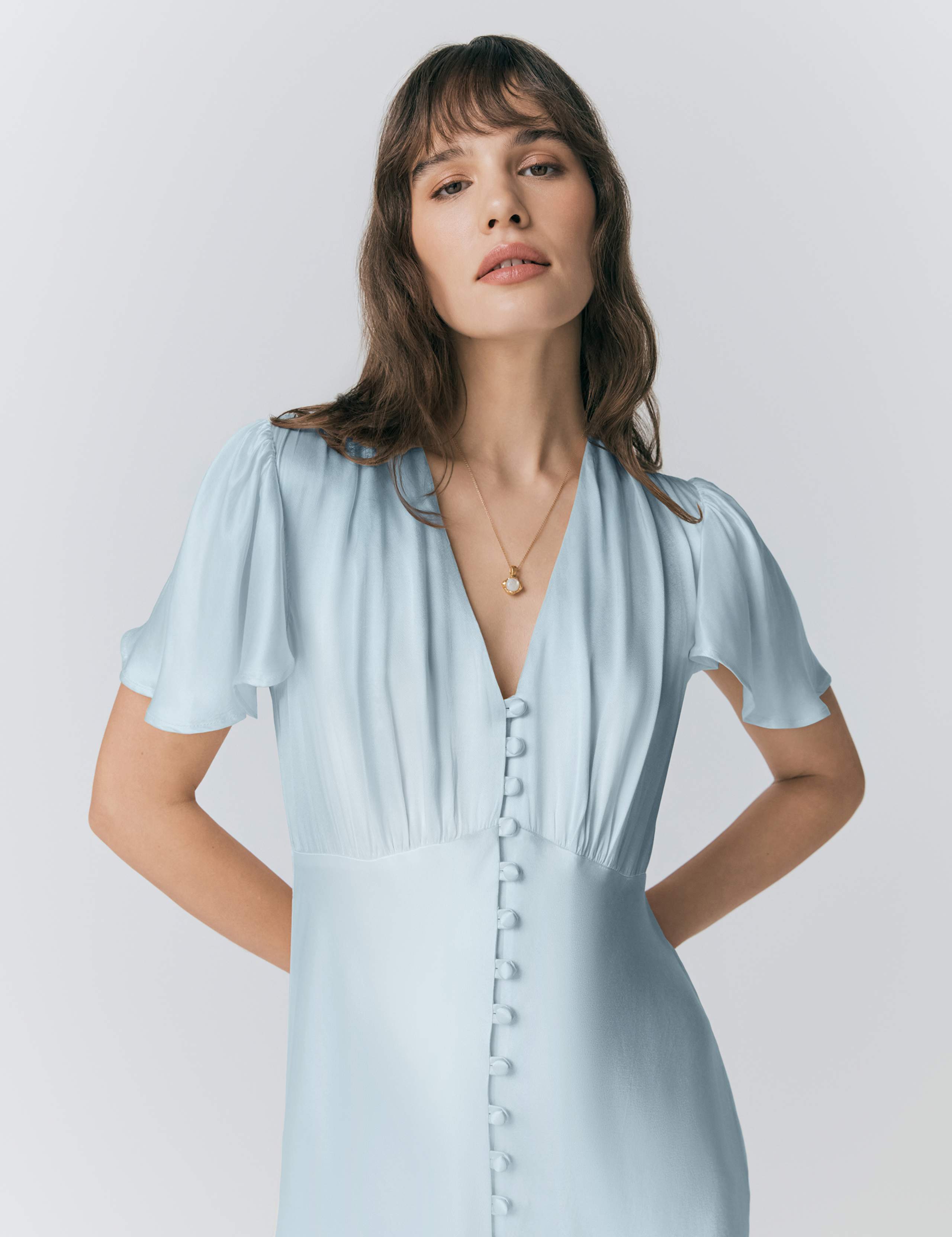 Satin V-Neck Angel Sleeve Midi Tea Dress 3 of 4