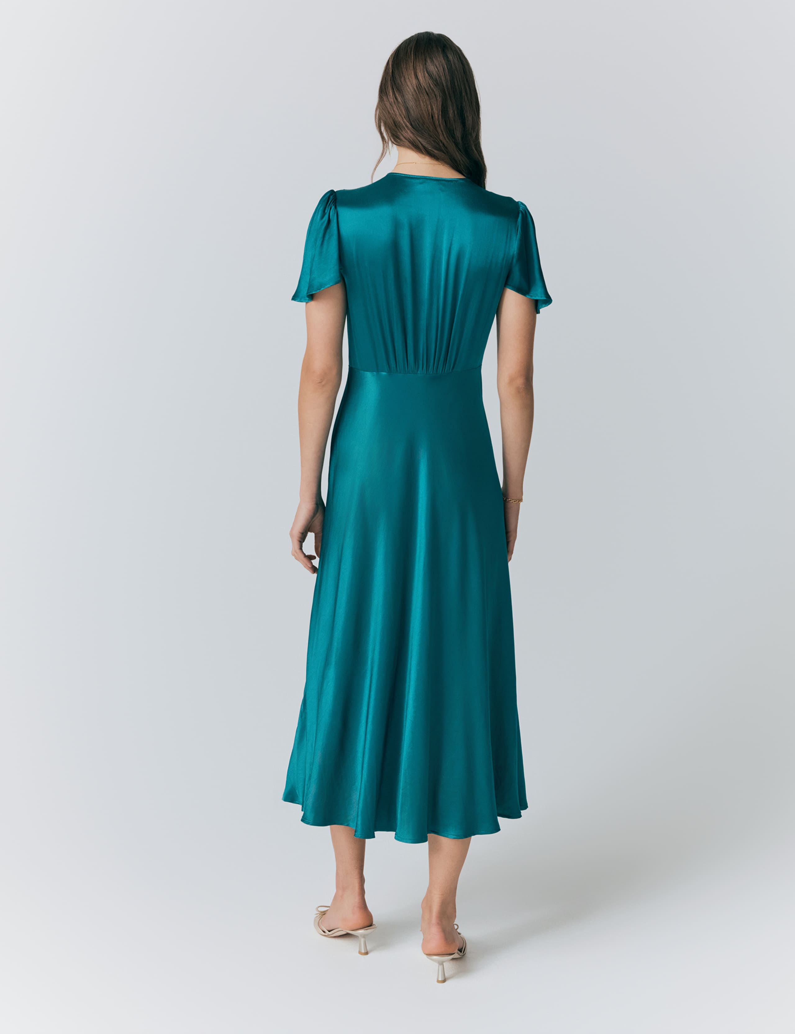 Satin V-Neck Angel Sleeve Midi Tea Dress 2 of 4