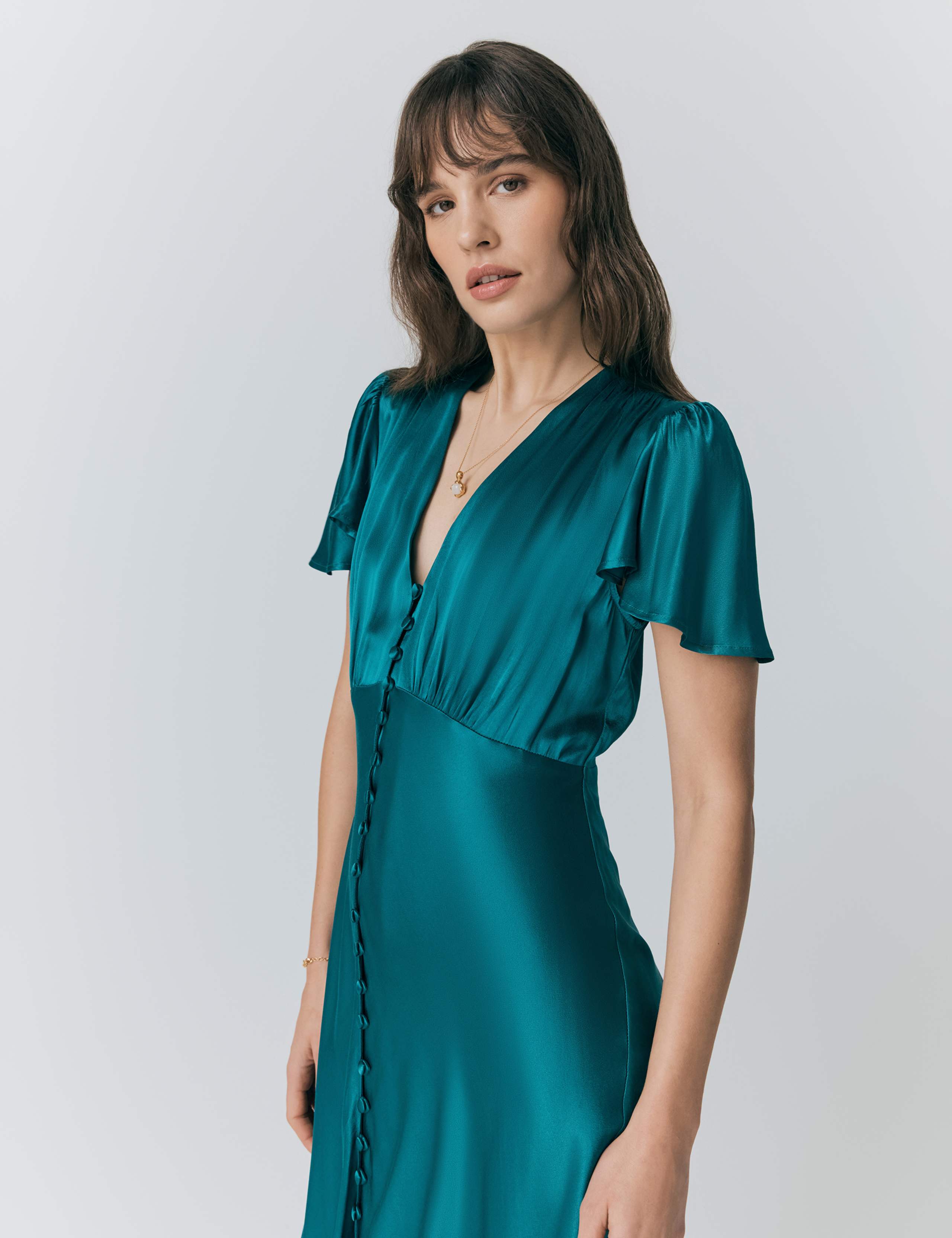 Satin V-Neck Angel Sleeve Midi Tea Dress 3 of 4