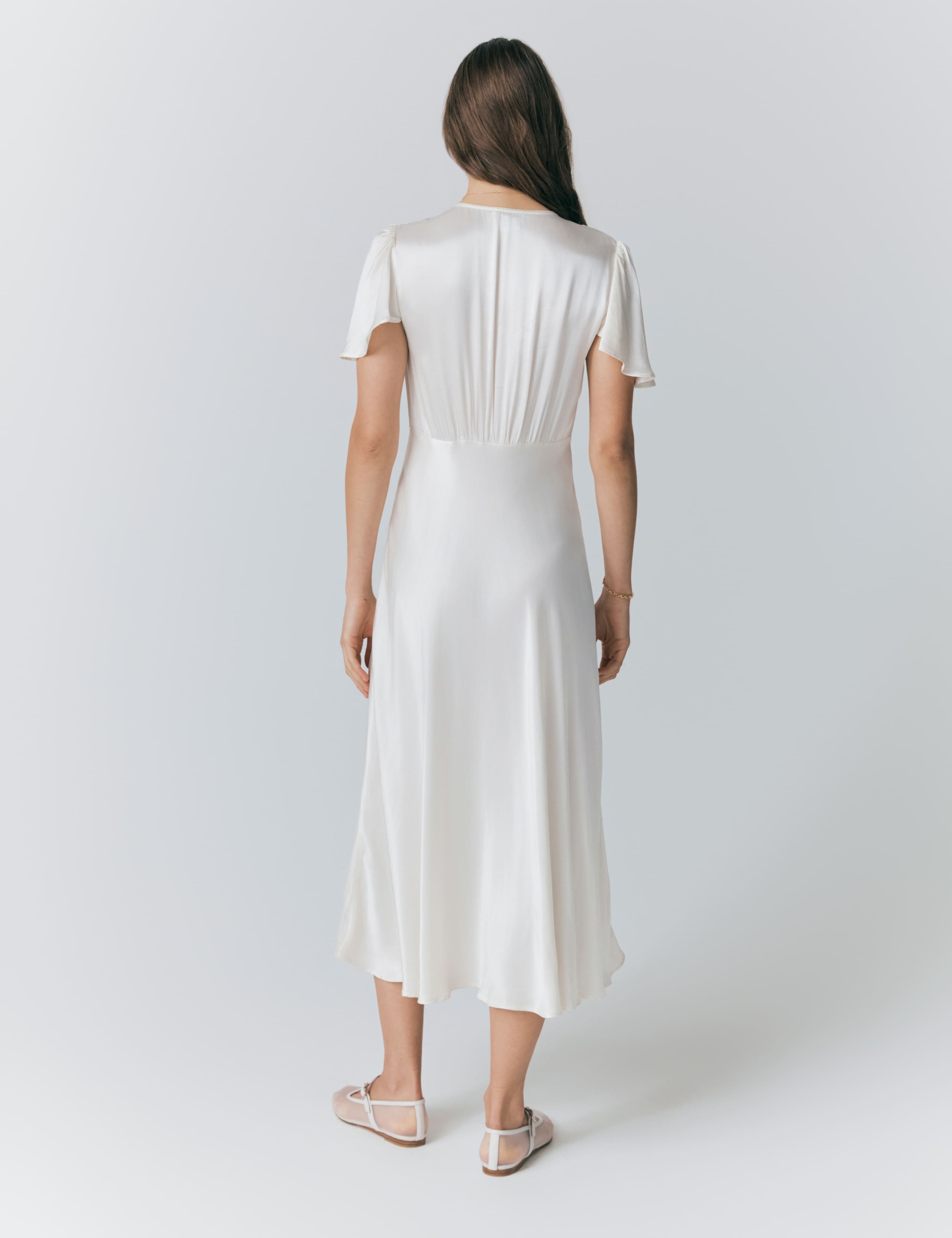 Satin V-Neck Angel Sleeve Midi Tea Dress 2 of 5