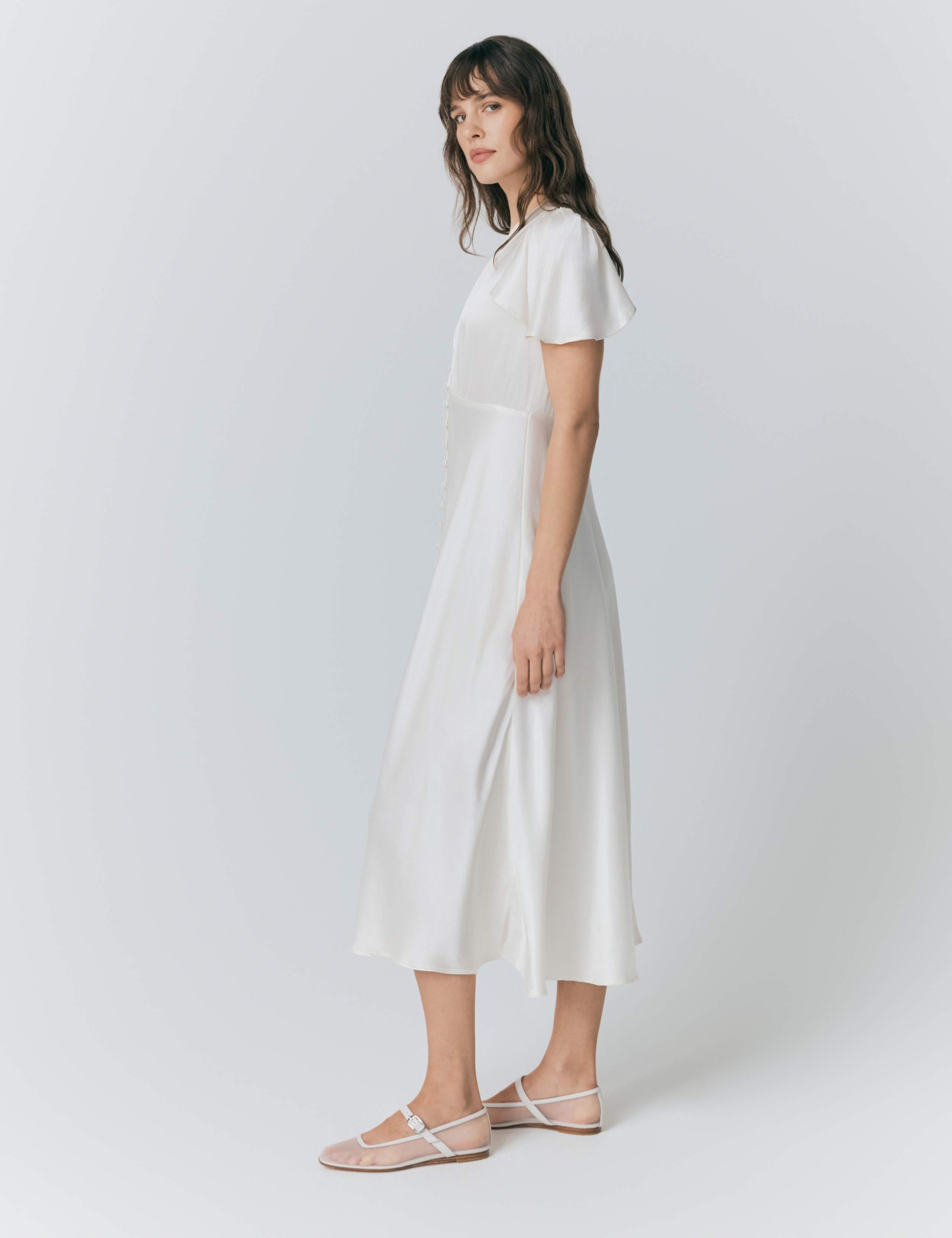 Satin V-Neck Angel Sleeve Midi Tea Dress 3 of 5