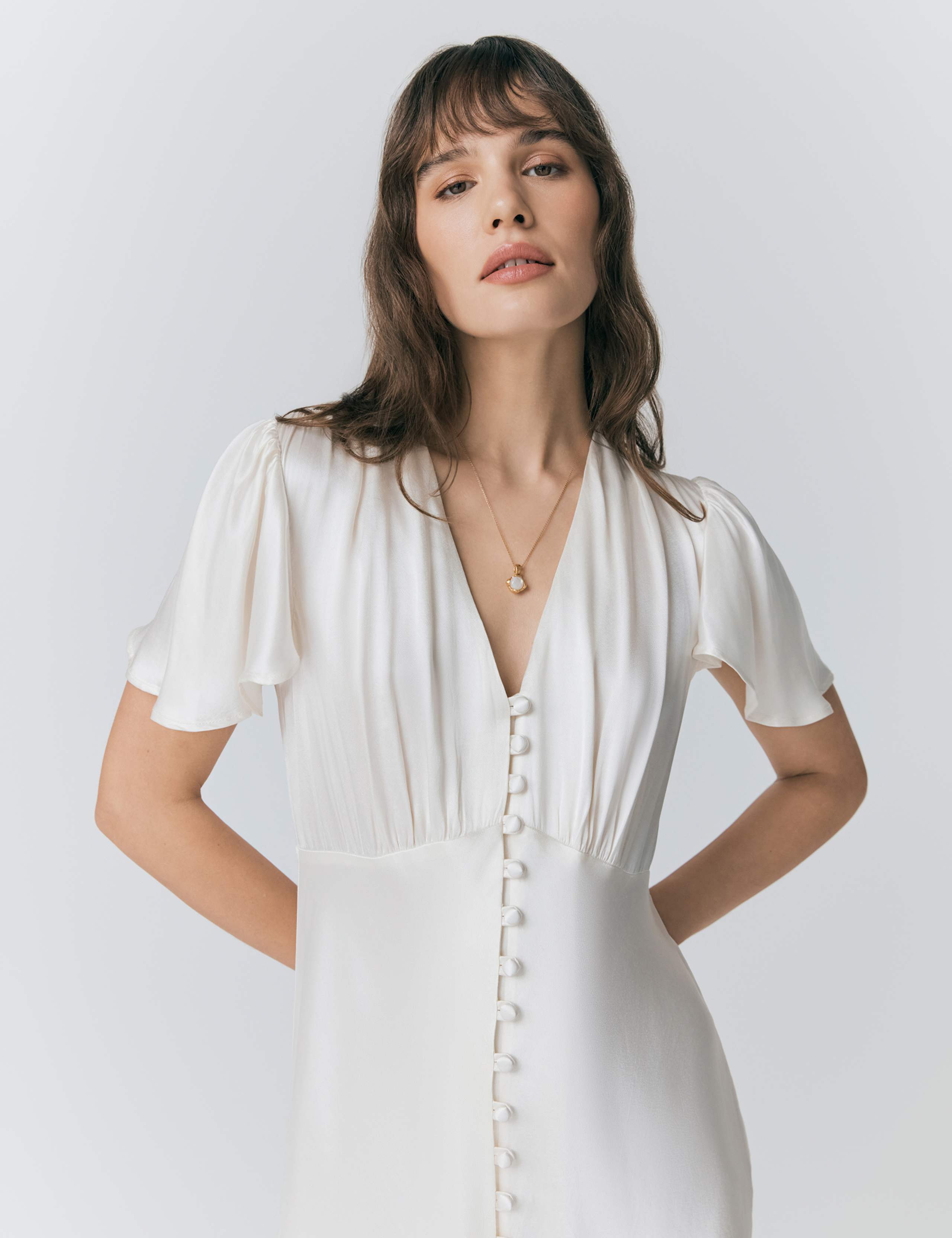 Satin V-Neck Angel Sleeve Midi Tea Dress 5 of 5