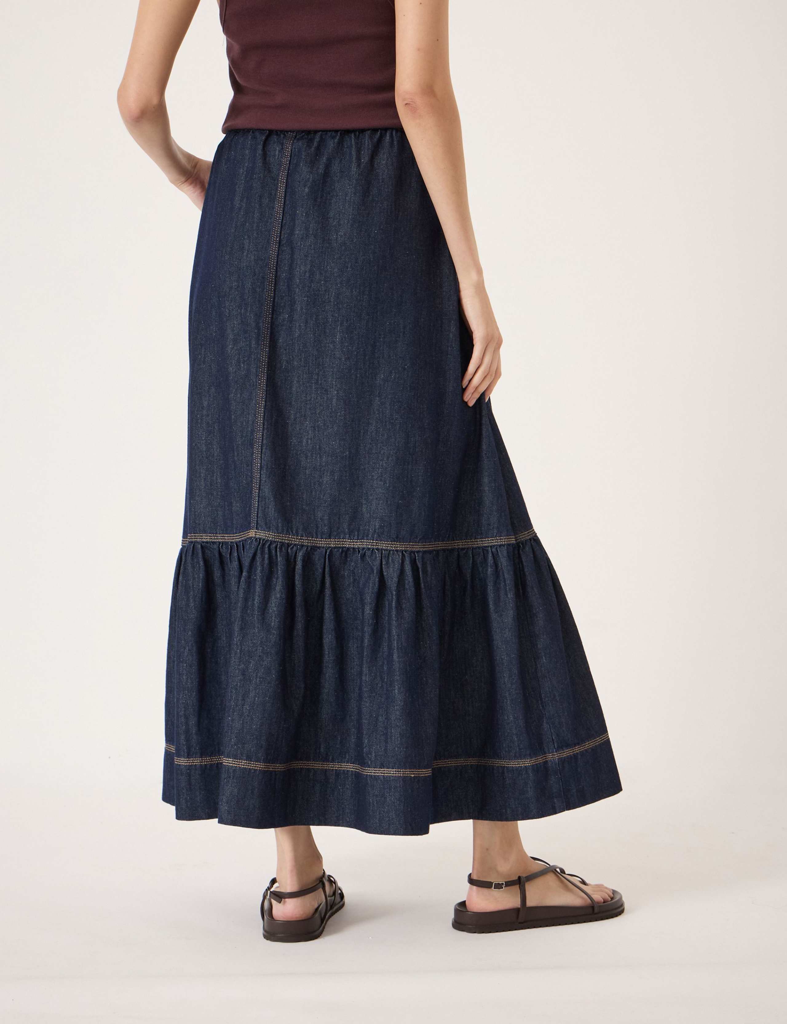 Pure Cotton Denim Midaxi Tiered Skirt 3 of 4