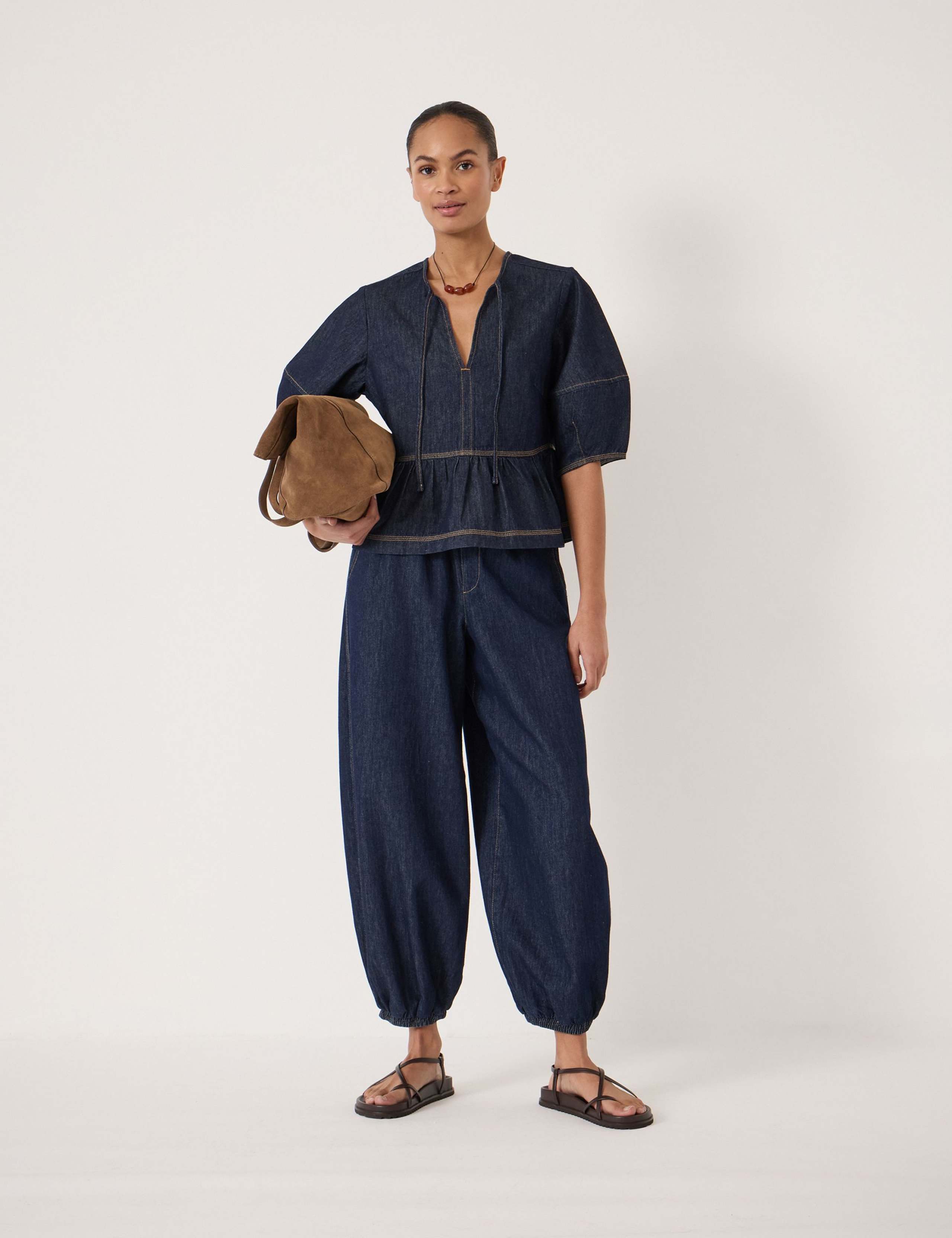 Pure Cotton Denim Barrel Sleeve Top 3 of 5