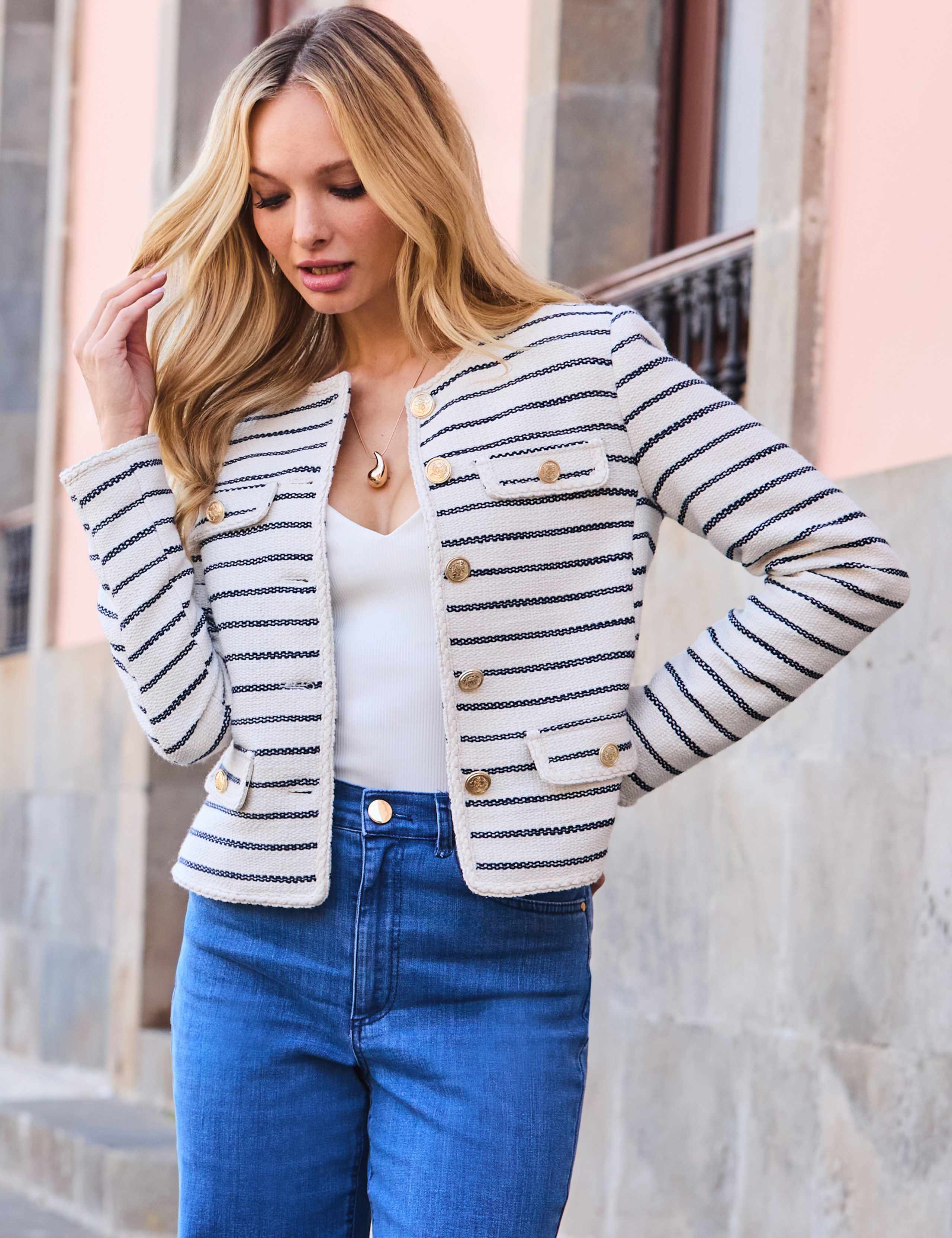 Bouclé Striped Collarless Jacket 1 of 4