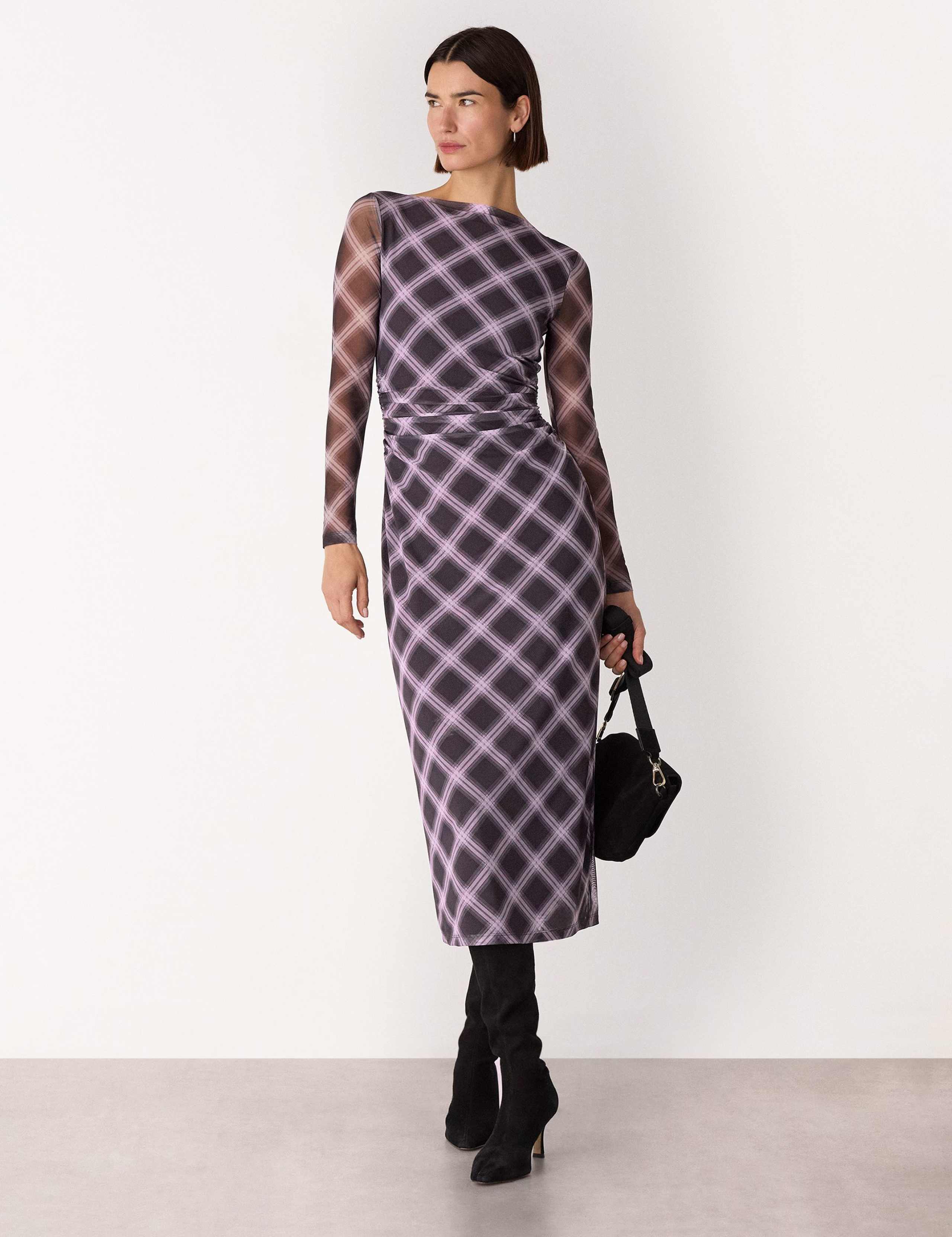 Mesh Checked Midi Bodycon Dress 1 of 4