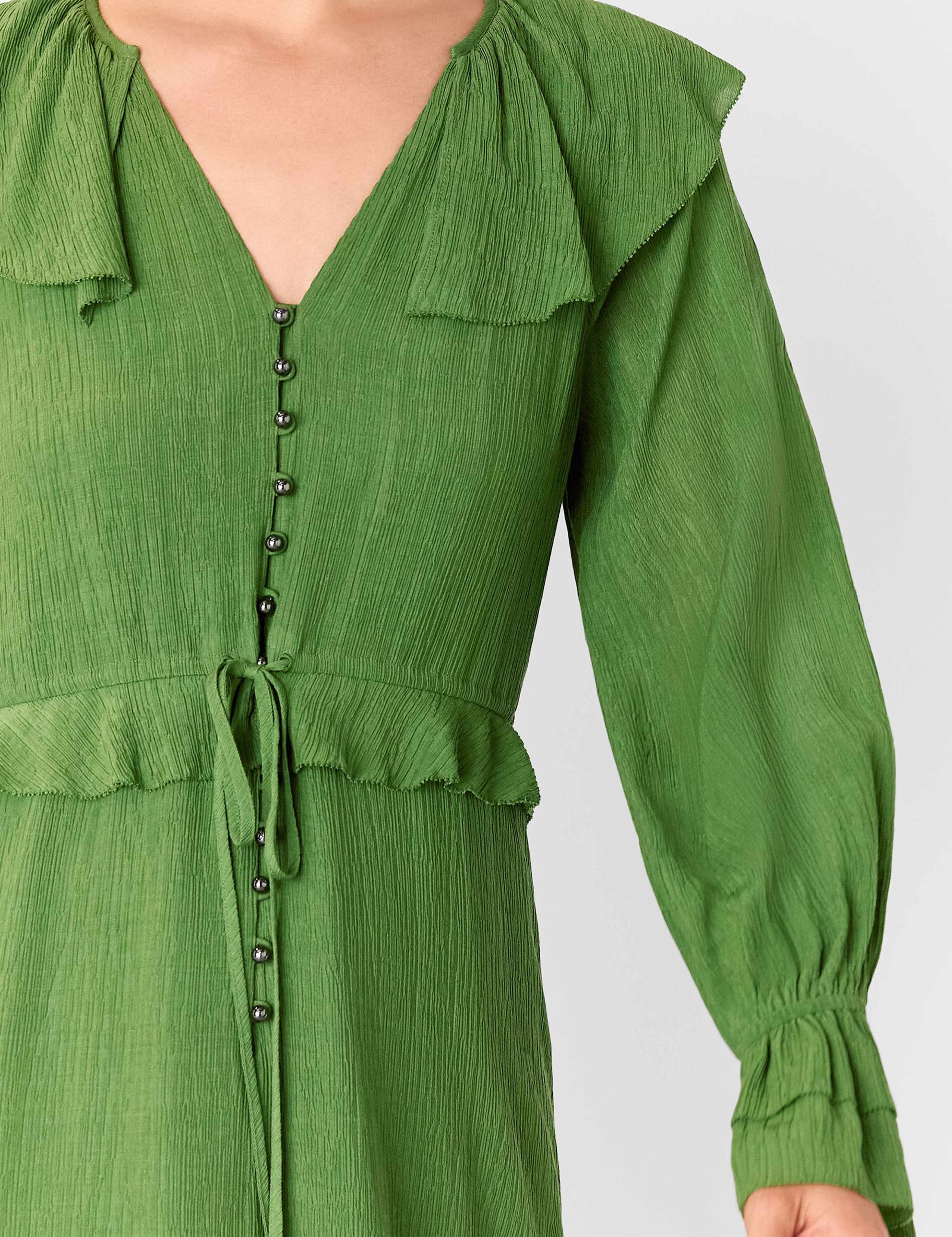 Textured V-Neck Frill Midi Waisted Dress 3 of 4