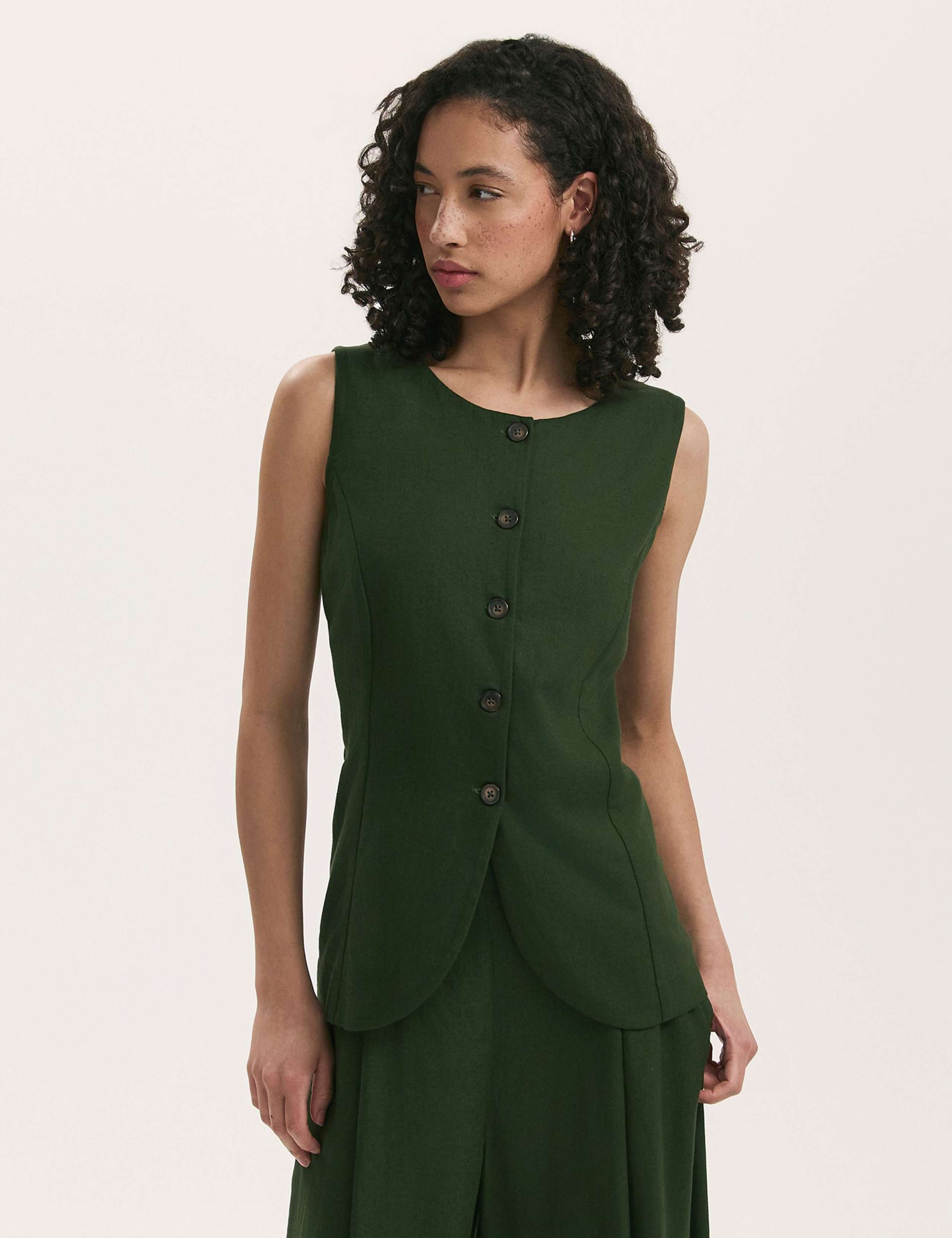 Linen Blend Round Neck Waistcoat 1 of 4