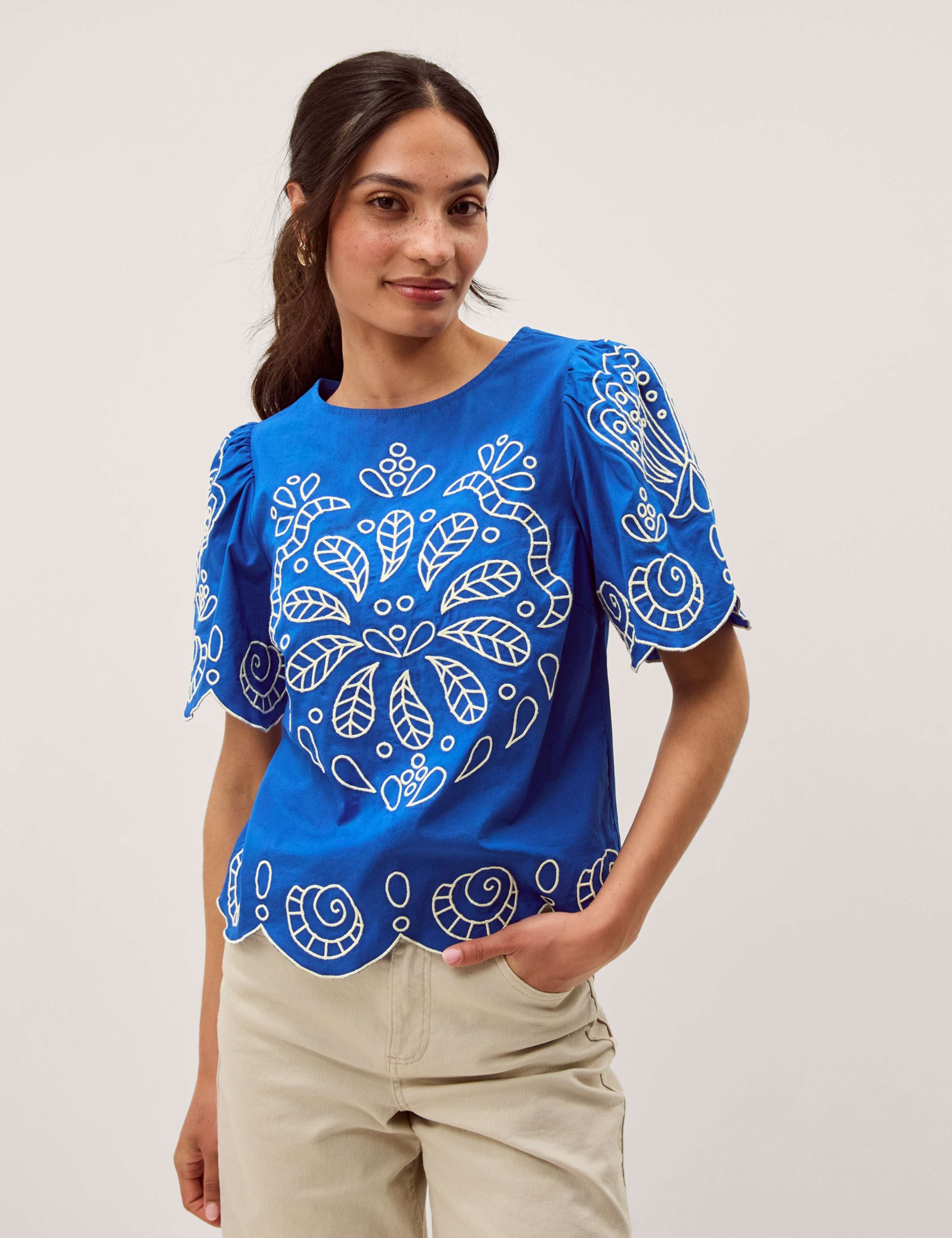 Pure Cotton Embroidered Puff Sleeve Top 1 of 6