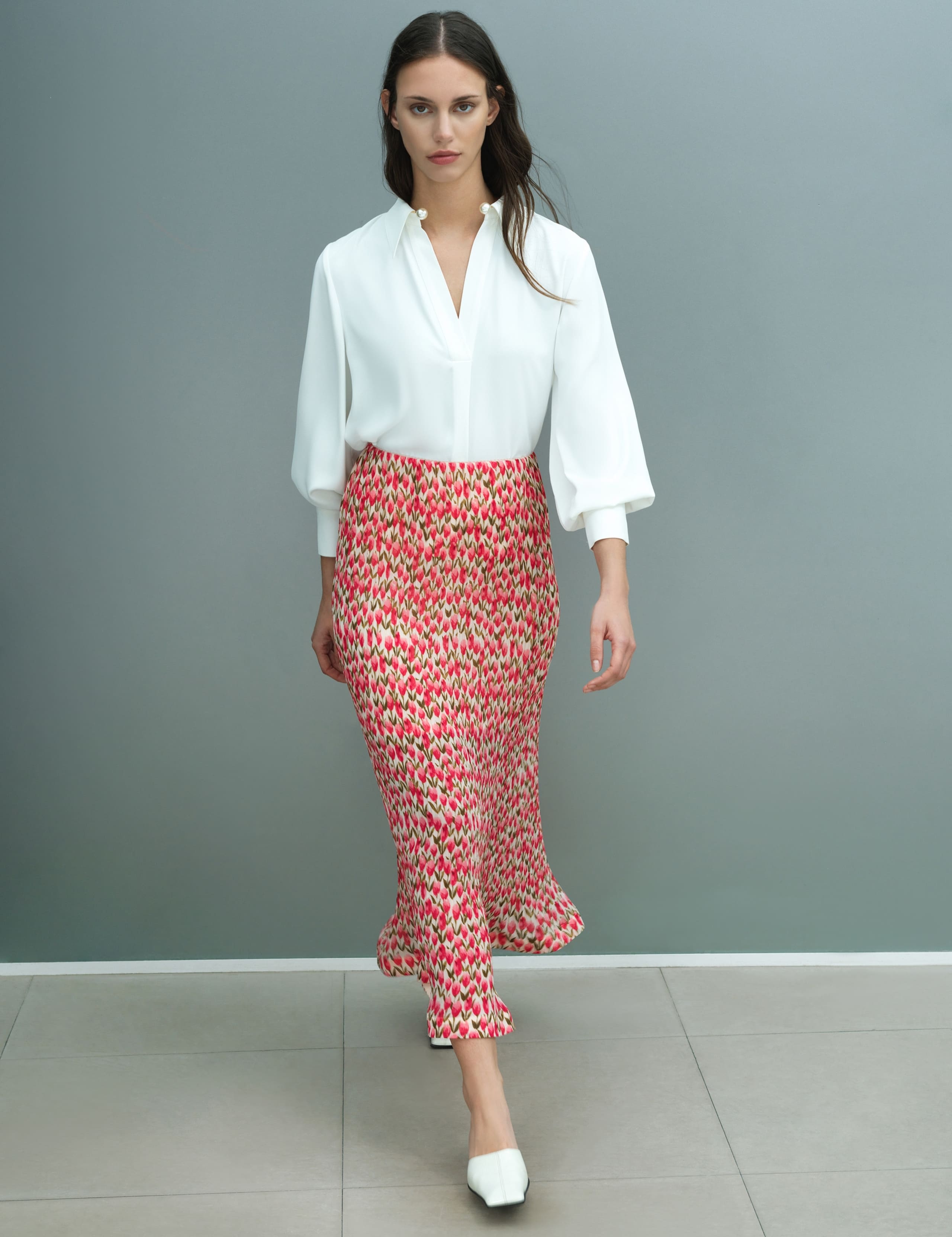 Plissé Floral Midi A-Line Skirt 4 of 6