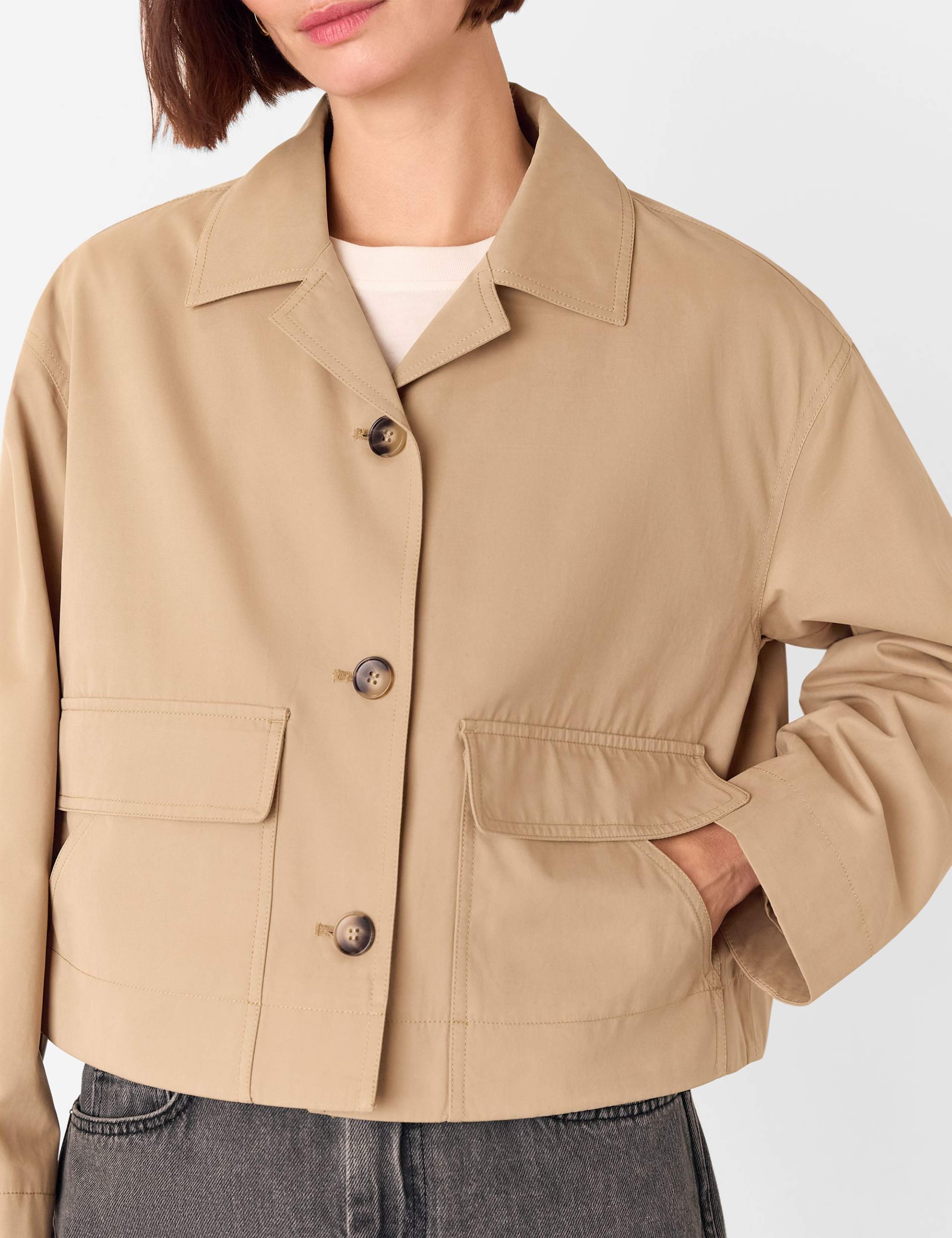 Cotton Blend Collared Cropped Trench Coat 3 of 4