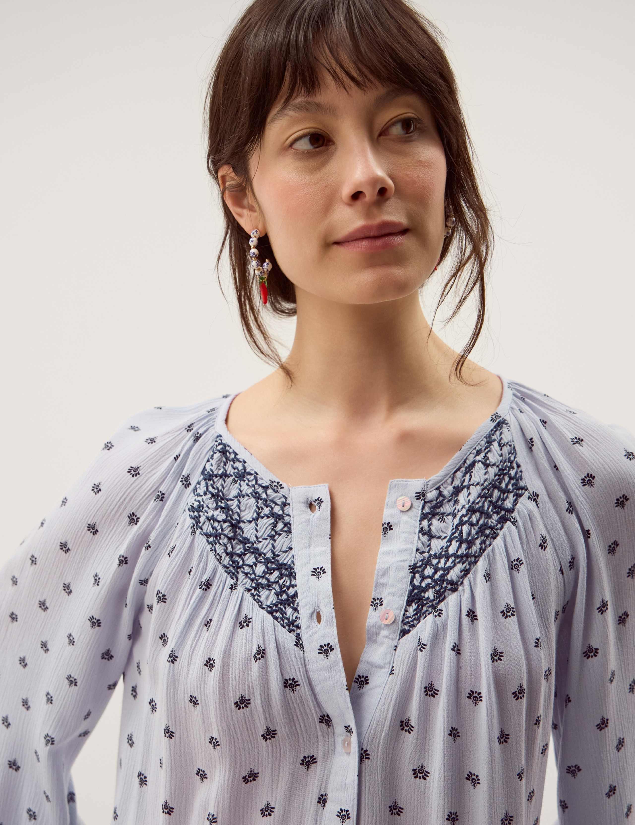 Printed Stitch Detail Blouson Sleeve Blouse 5 of 5