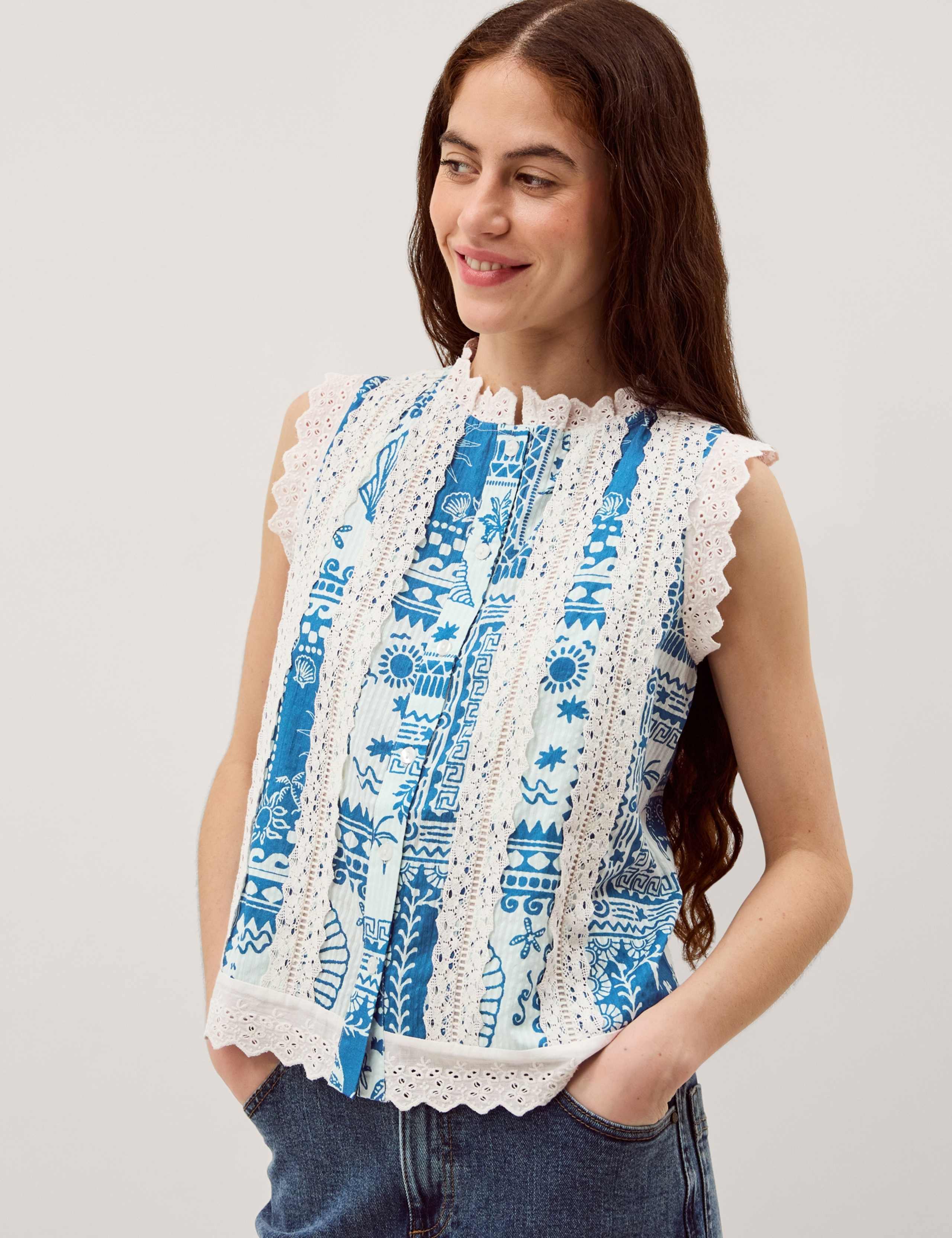 Pure Cotton Printed Button Through Tank Top 1 of 5