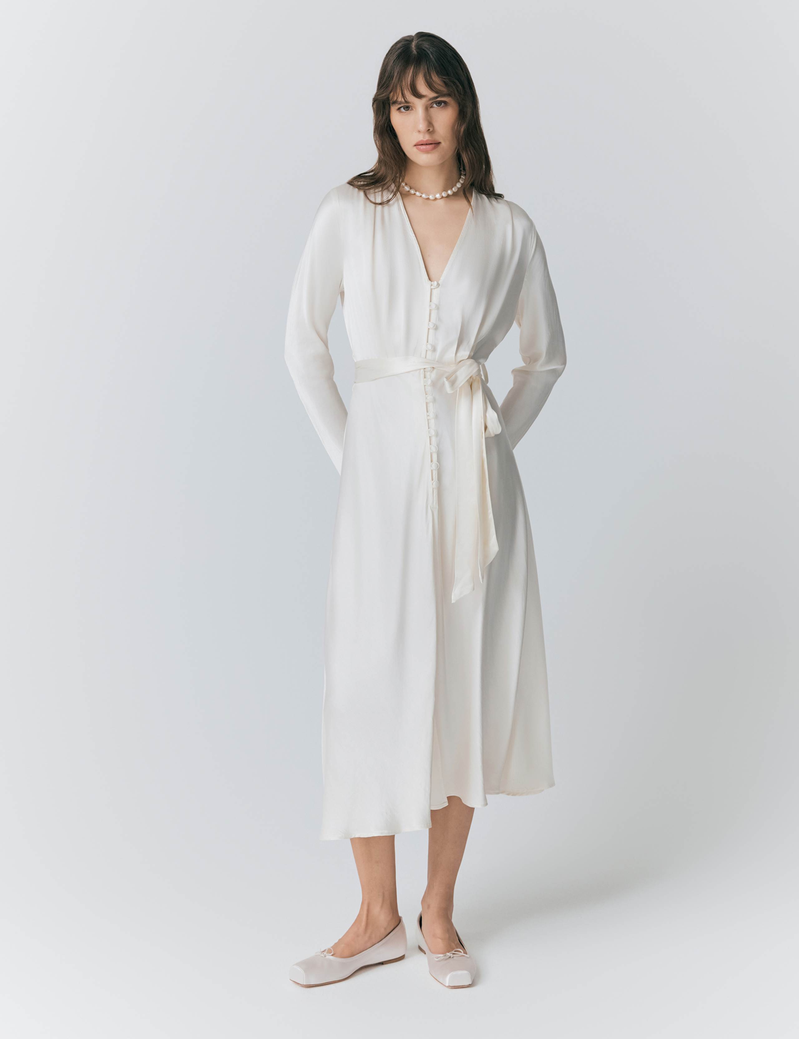 Satin Belted Midi Skater Dress 1 of 5