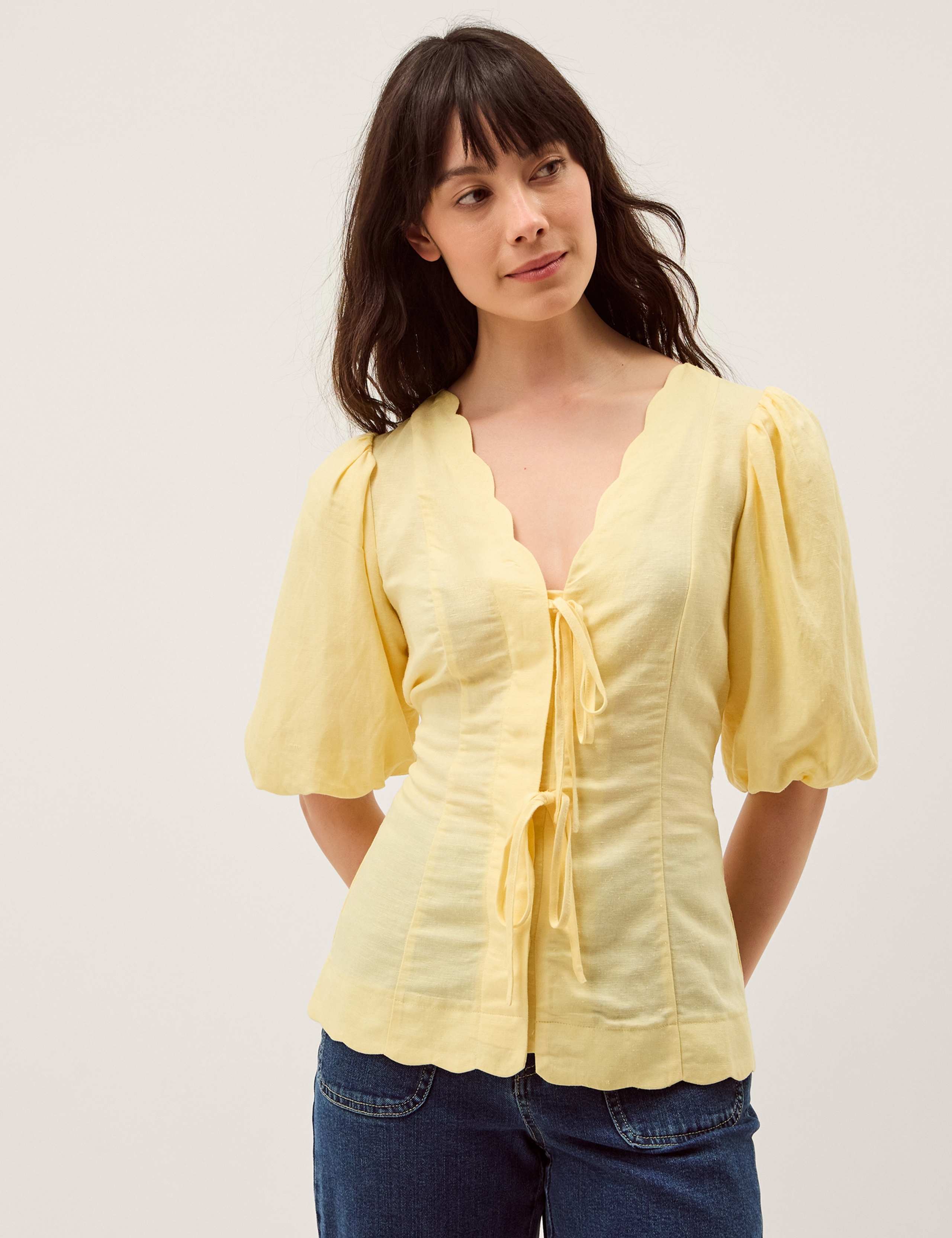 Tie Front Puff Sleeve Top with Linen 1 of 5