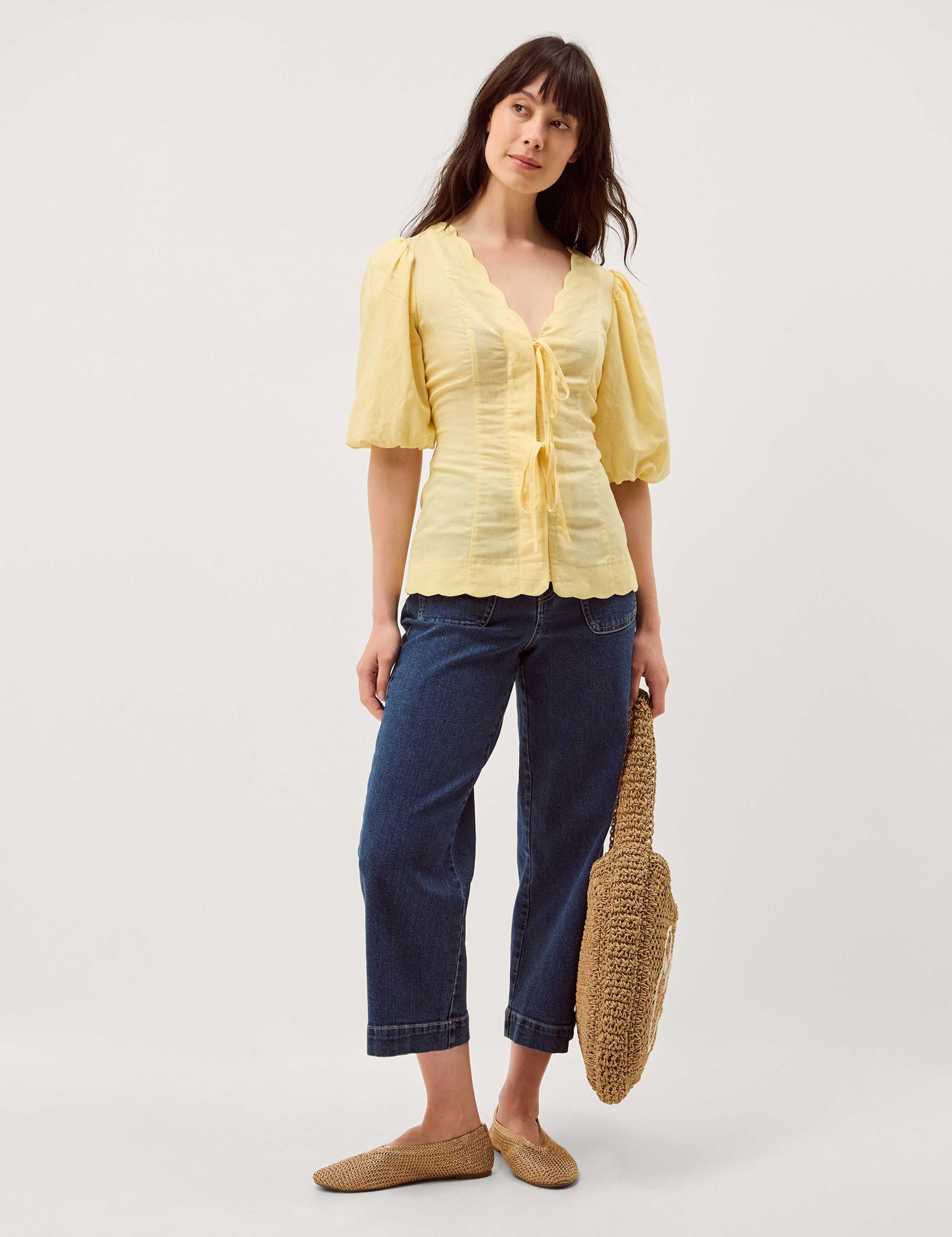 Tie Front Puff Sleeve Top with Linen 4 of 5