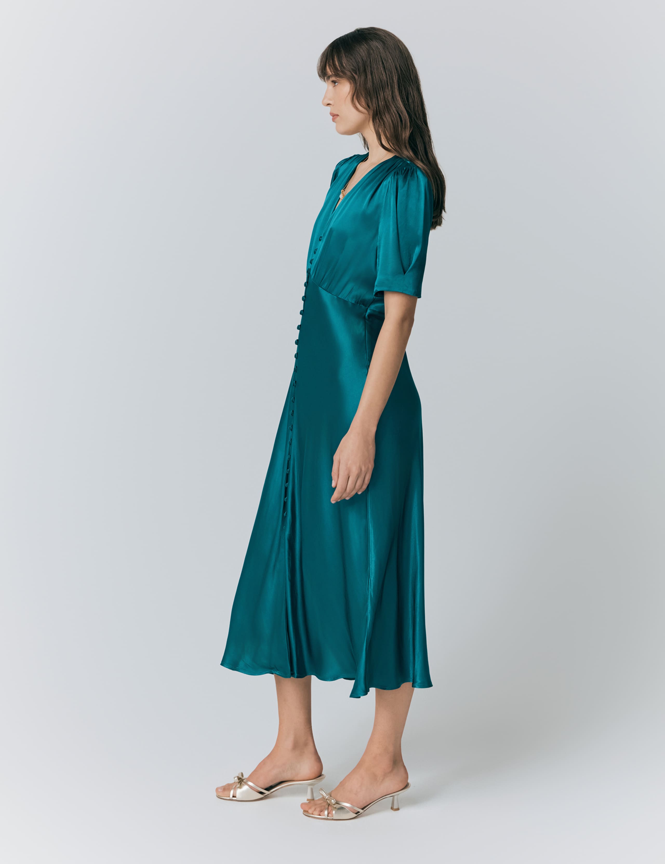 Satin V-Neck Button Through Midaxi Tea Dress 3 of 5
