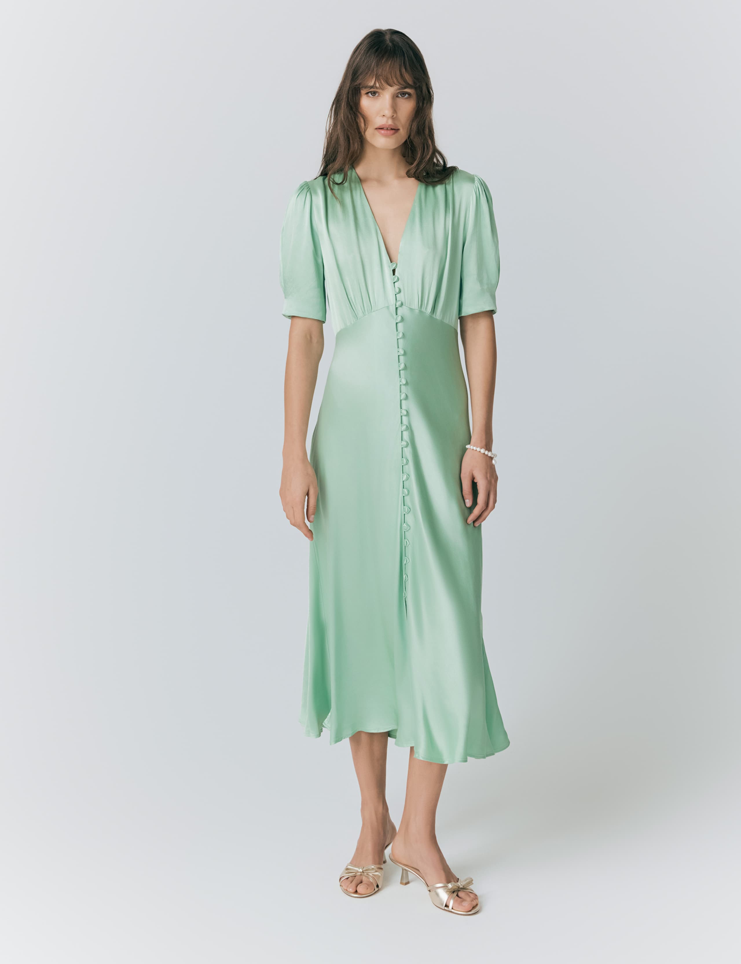 Satin V-Neck Button Through Midaxi Tea Dress 1 of 5