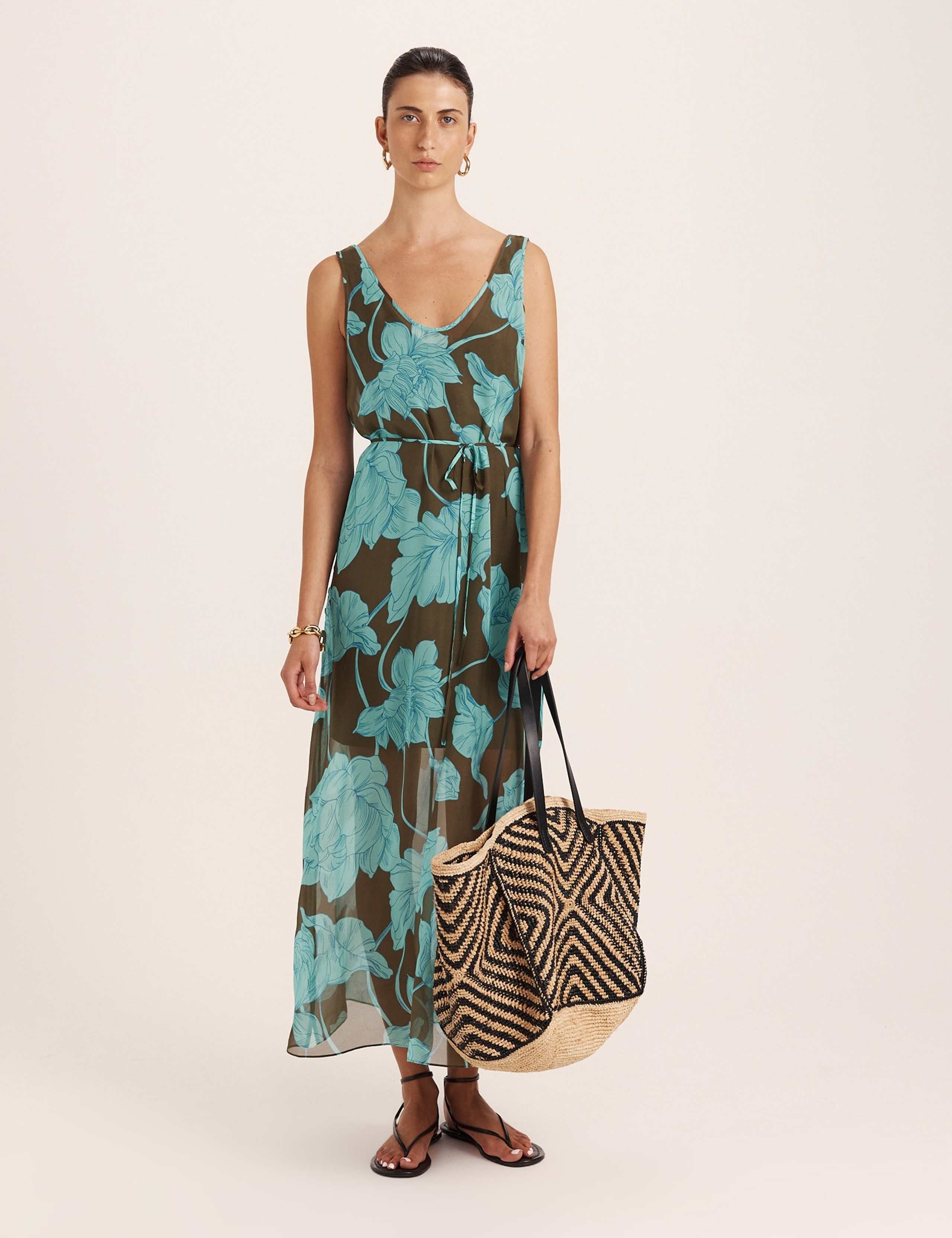 Pure Silk Floral Scoop Neck Tie Waist Maxi Dress 1 of 7