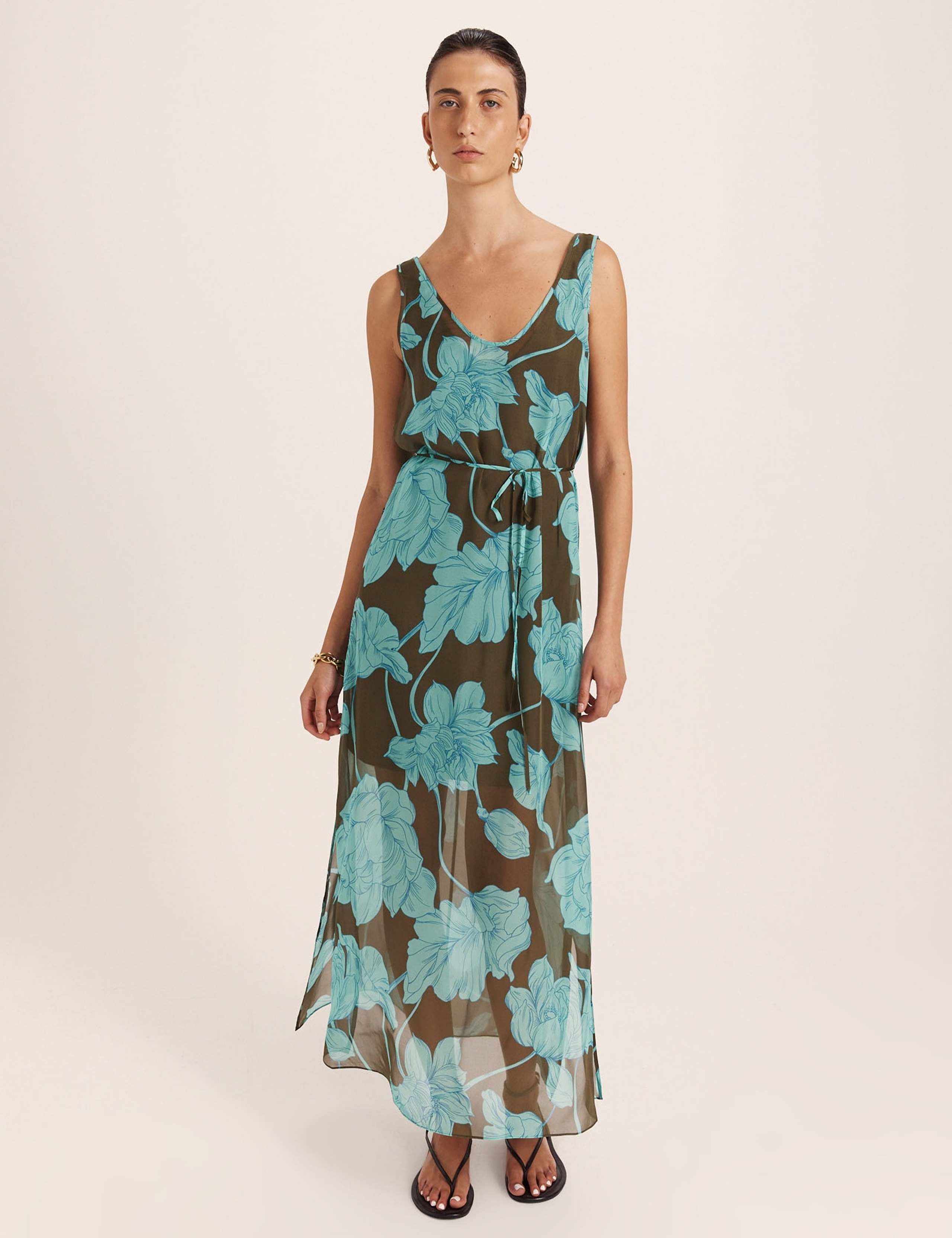 Pure Silk Floral Scoop Neck Tie Waist Maxi Dress 3 of 7