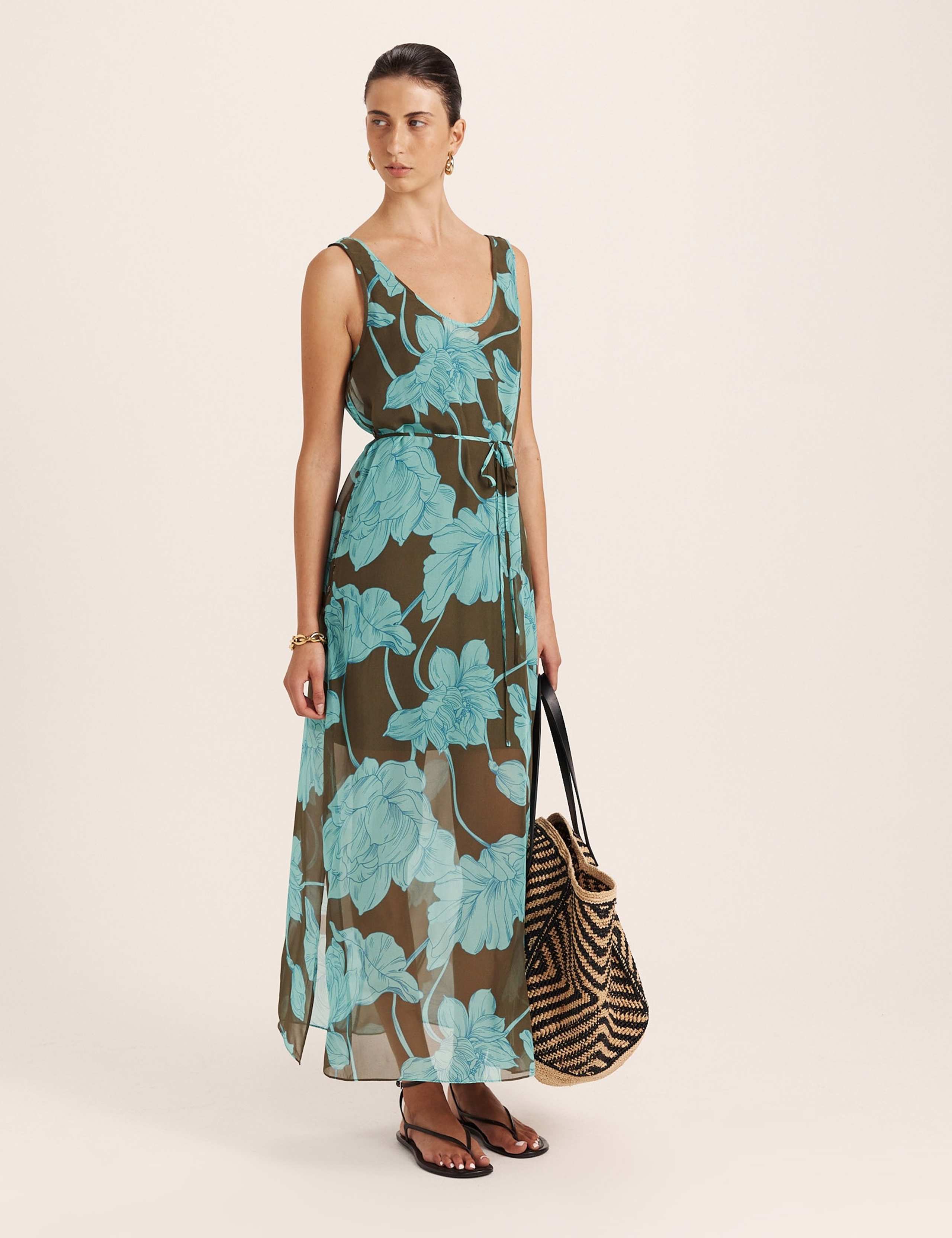 Pure Silk Floral Scoop Neck Tie Waist Maxi Dress 5 of 7