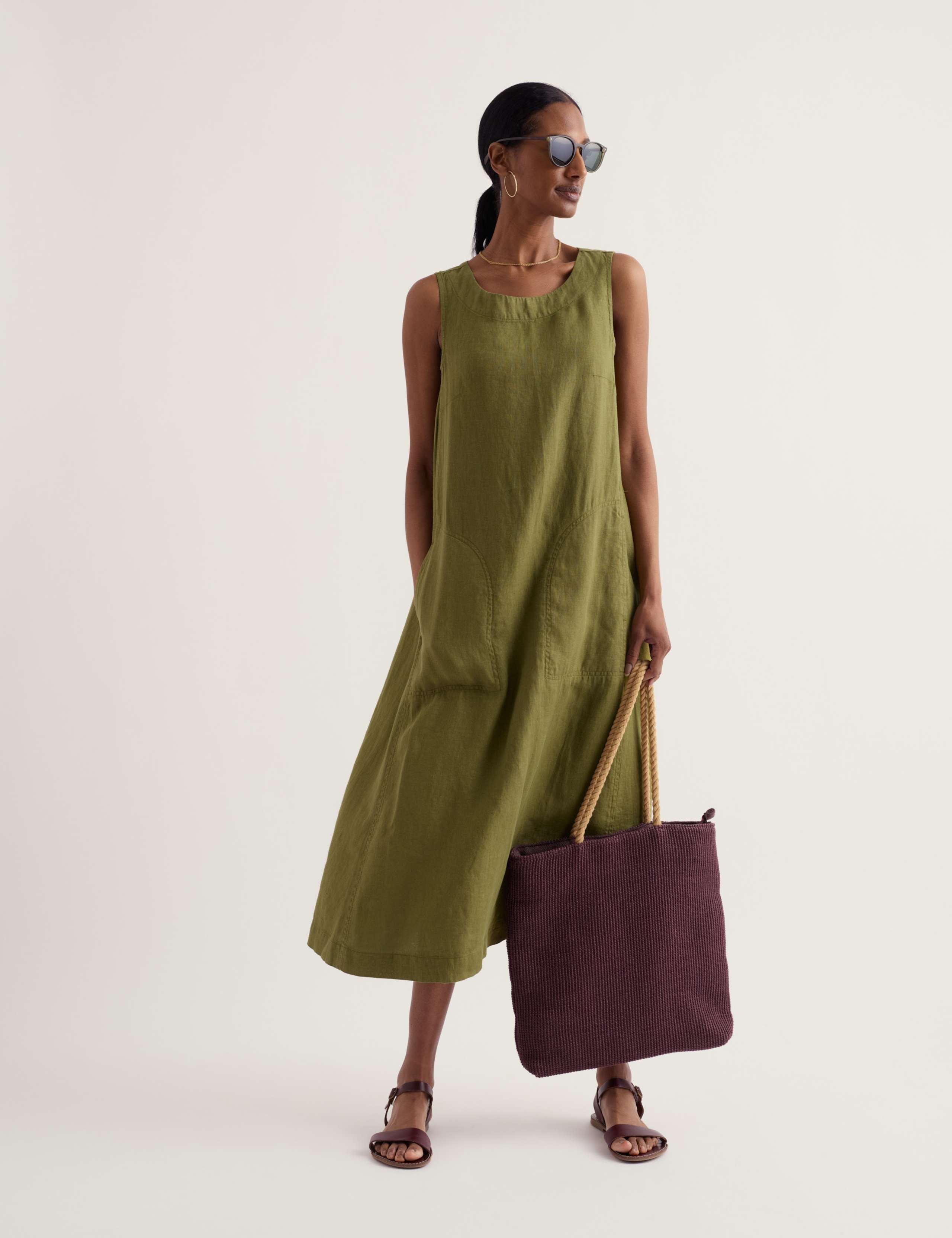 Pure Linen Round Neck Midi Shift Dress 3 of 5