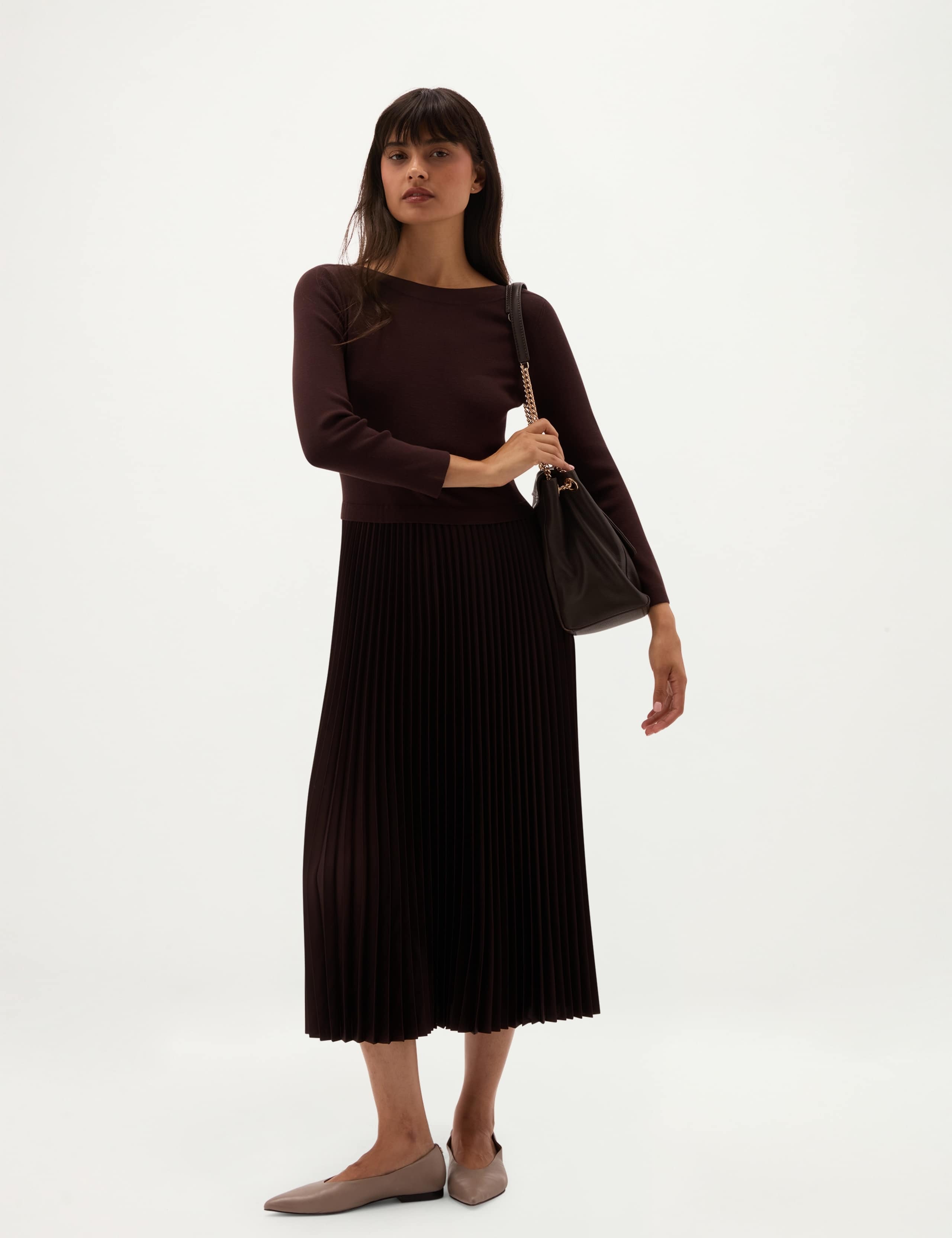 Satin Knitted Boat Neck Pleated Midi Skater Dress 4 of 5