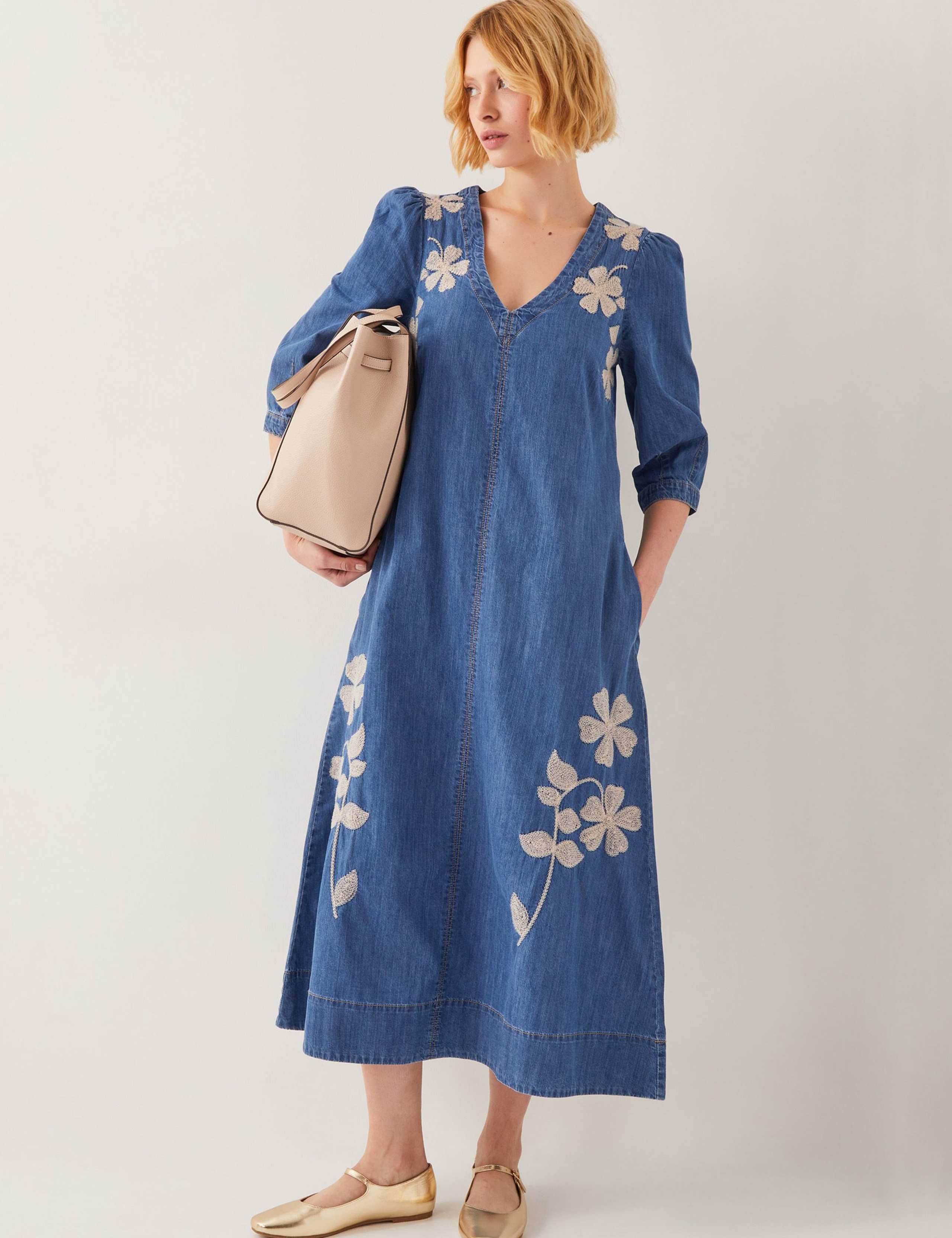 Pure Cotton Embroidered V-Neck Midaxi Dress 4 of 5