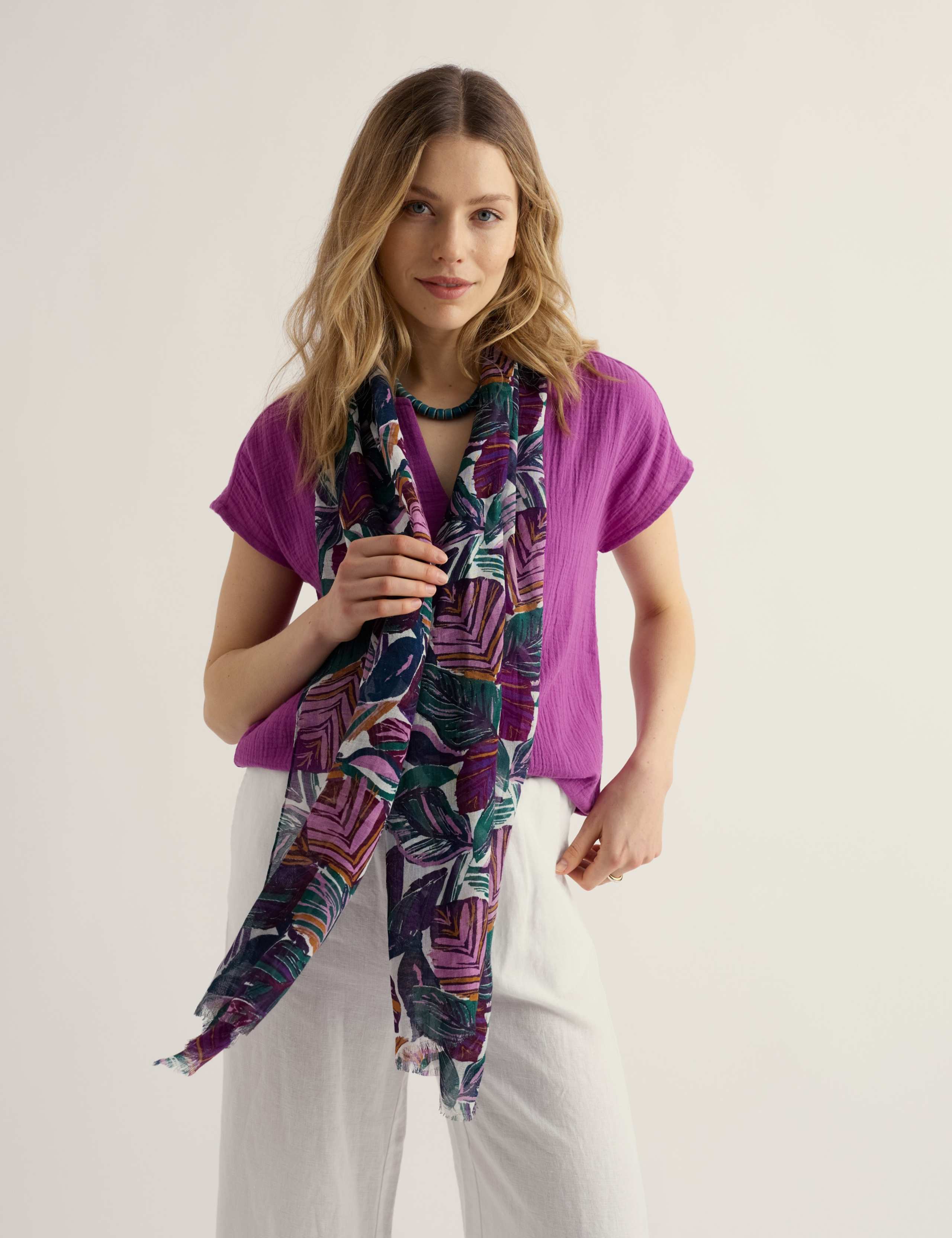 Modal Rich Leaf Print Scarf with Linen 3 of 4