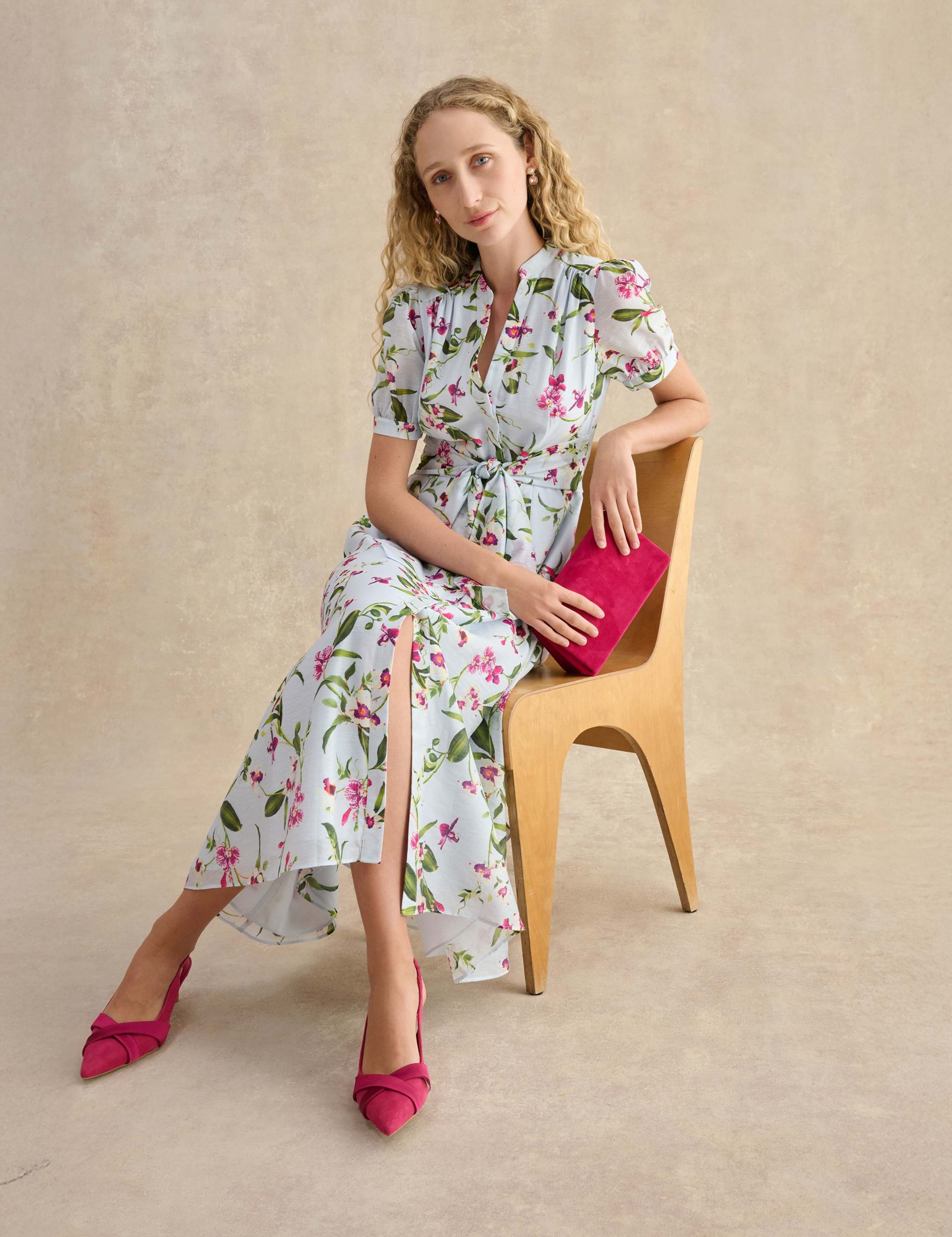 Floral V-Neck Midi Waisted Dress with Linen 3 of 5