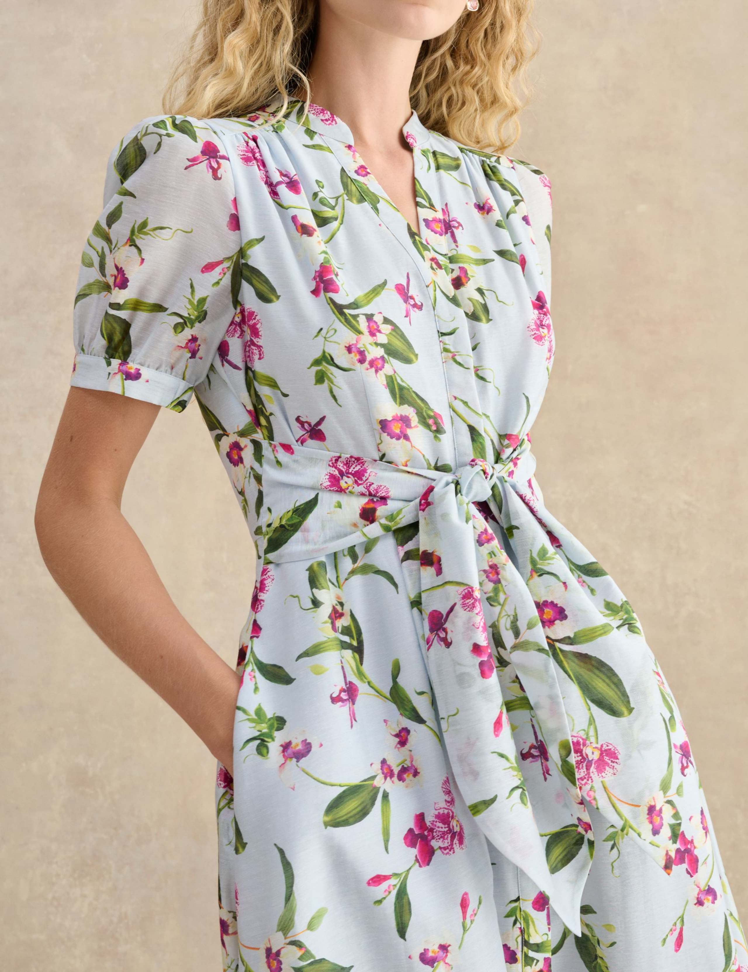 Floral V-Neck Midi Waisted Dress with Linen 5 of 5