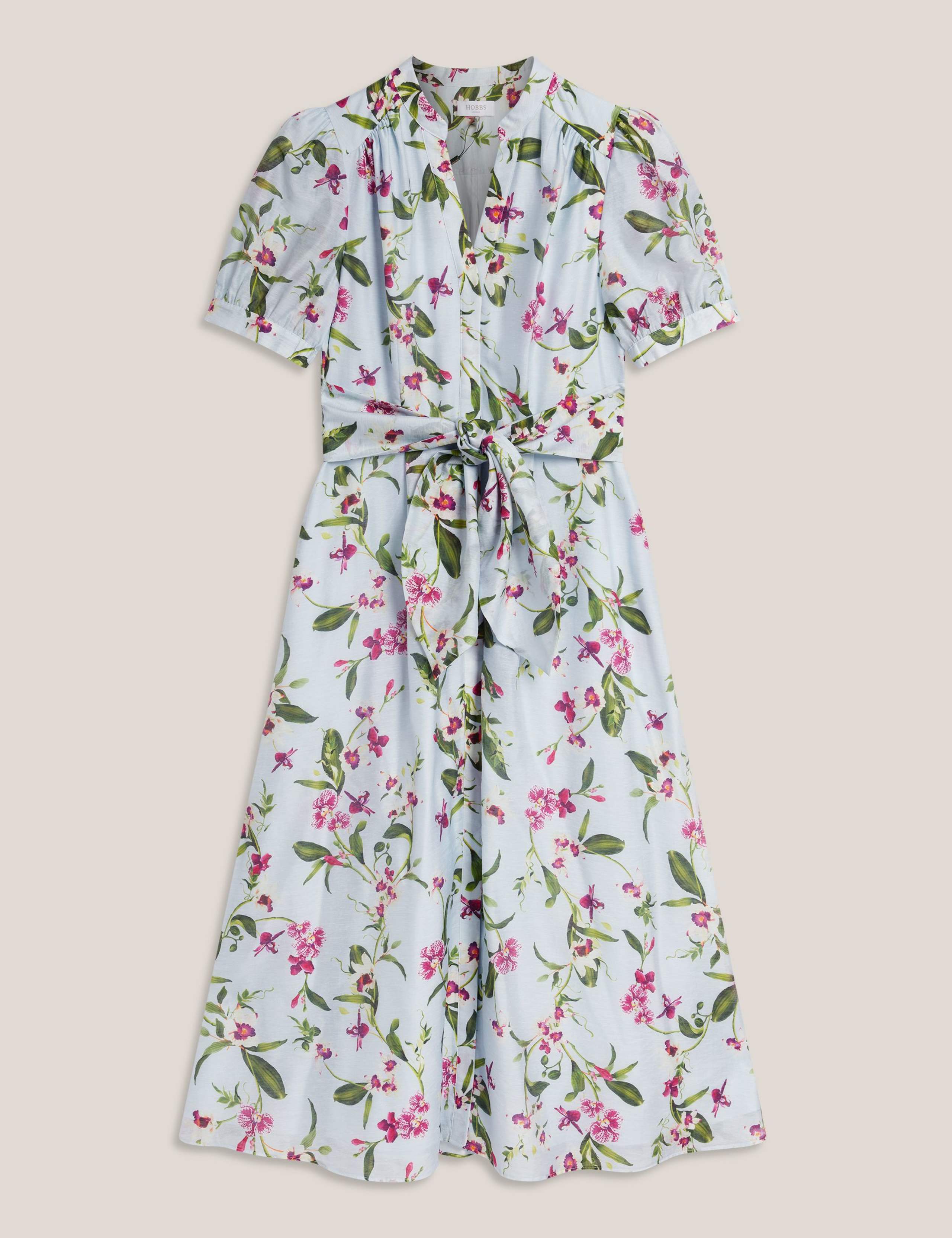 Floral V-Neck Midi Waisted Dress with Linen 2 of 5