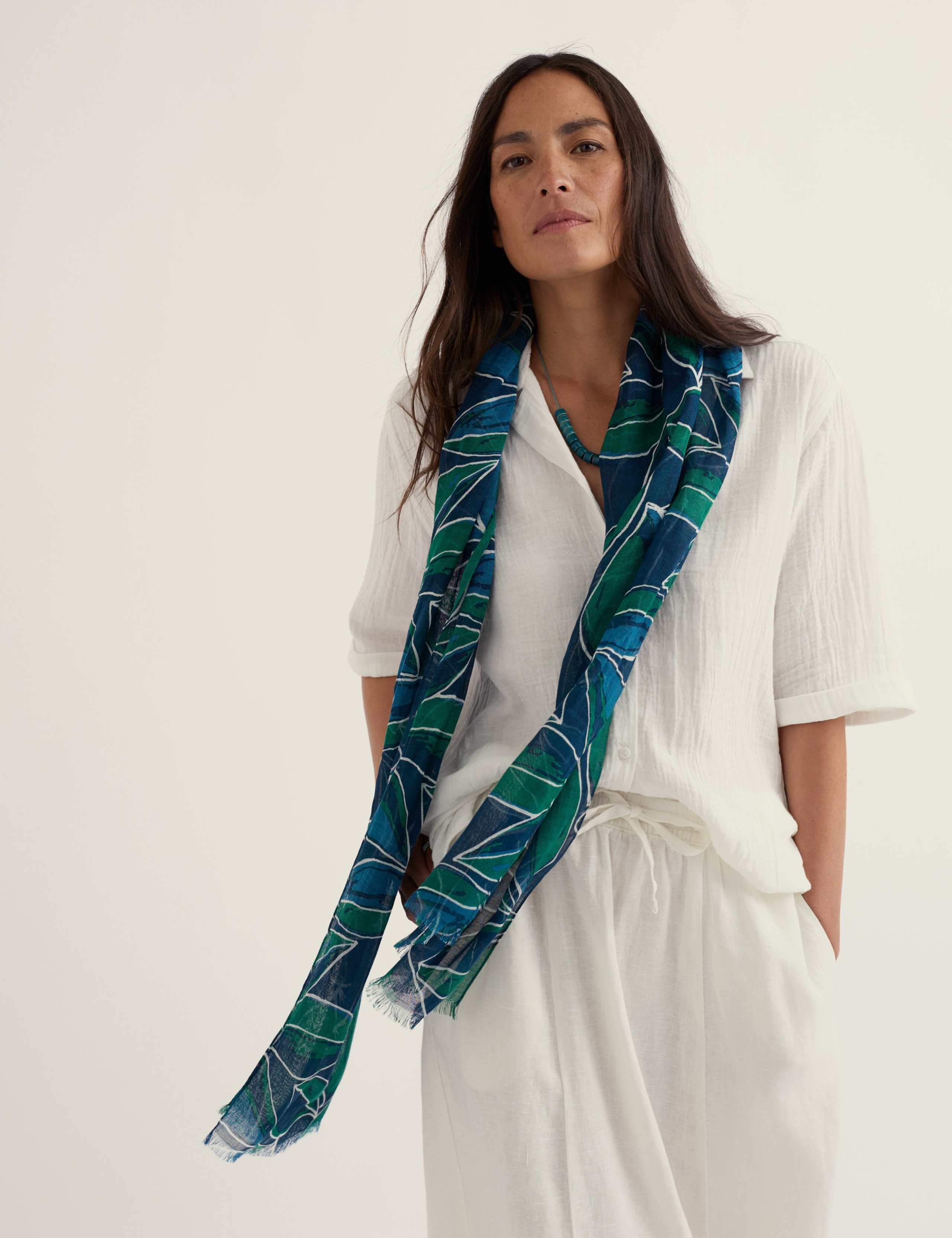 Modal Rich Leaf Print Scarf with Linen 2 of 5
