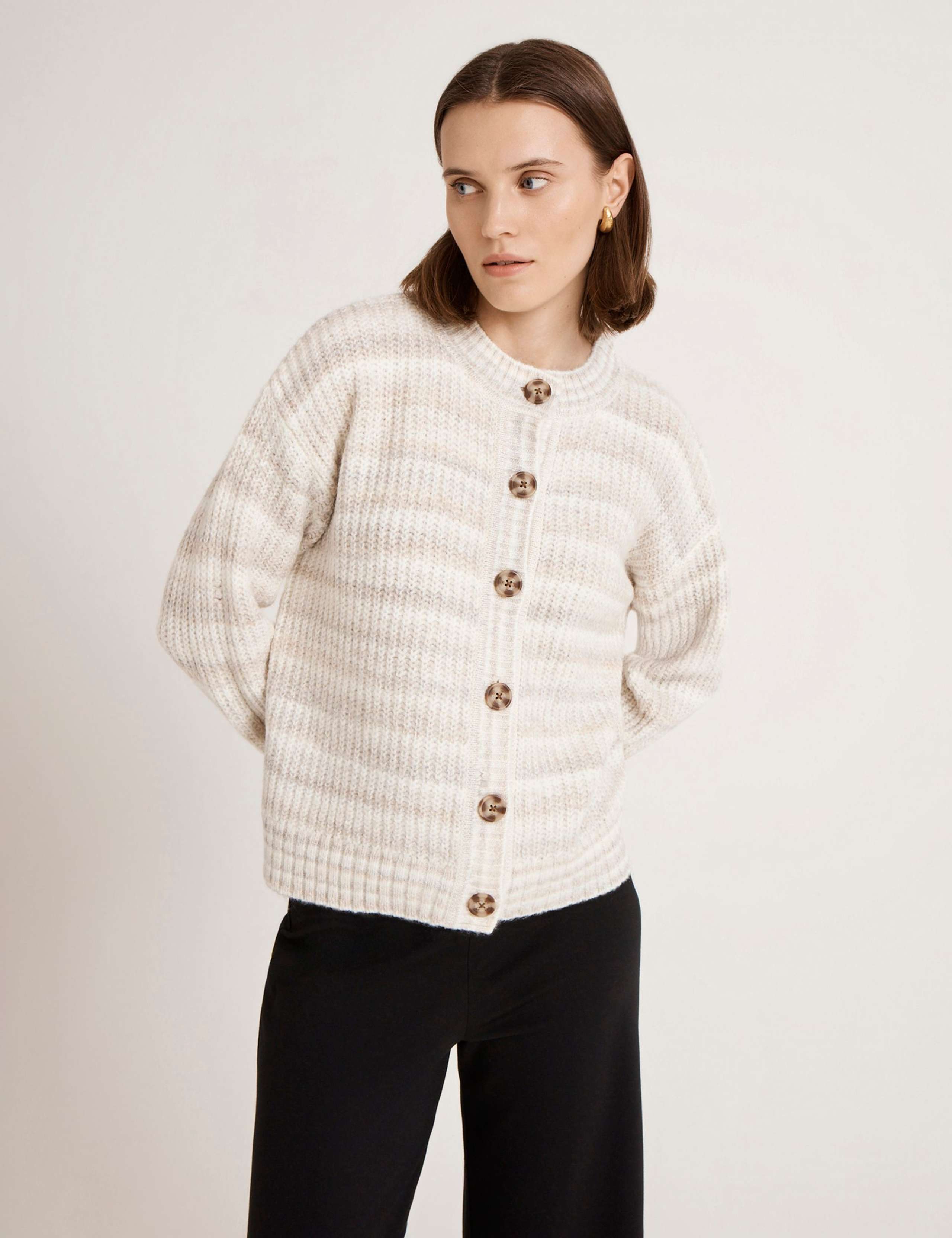 Ribbed Crew Neck Button Front Cardigan 1 of 3