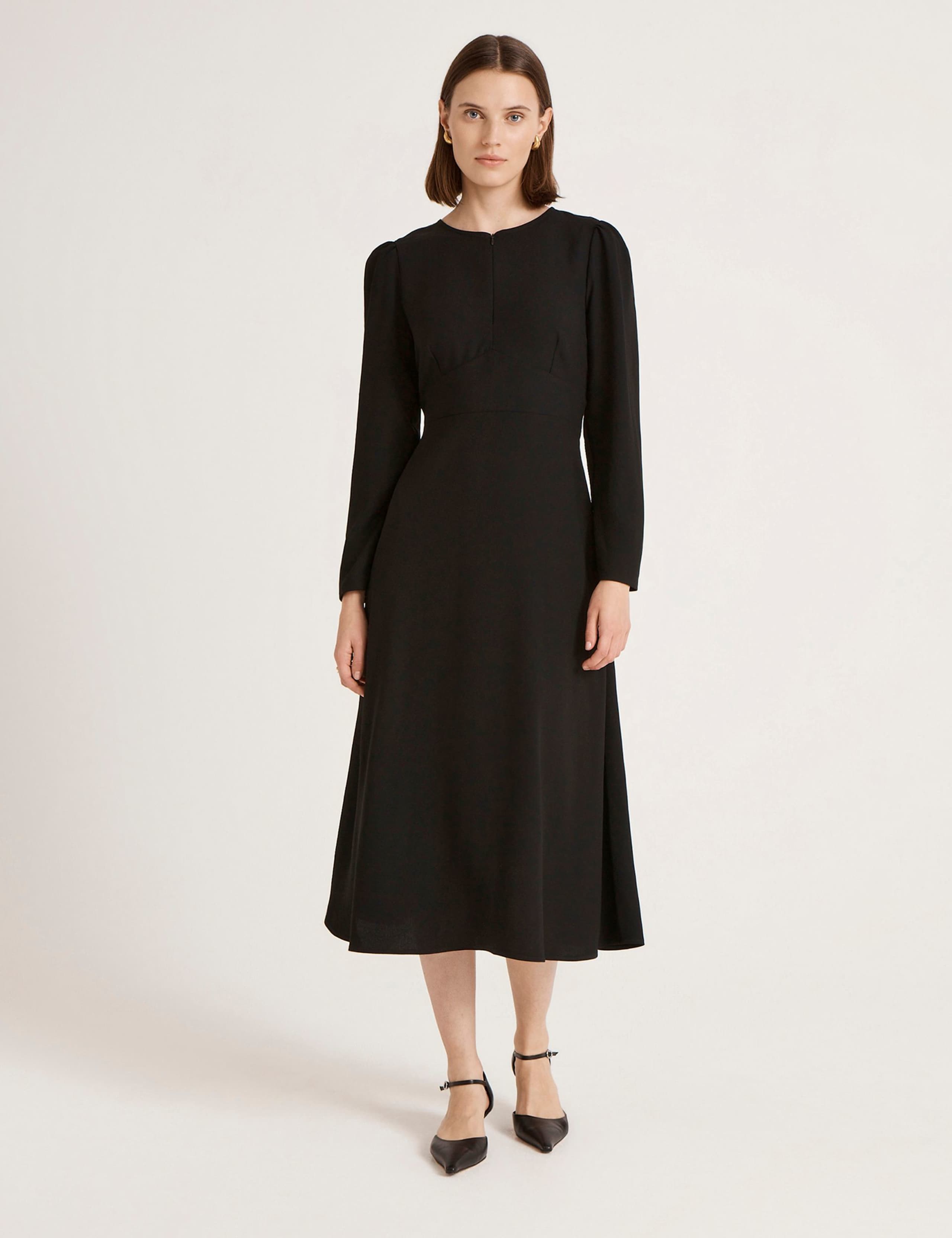 Crepe Zip Front Midi Waisted Dress 1 of 4