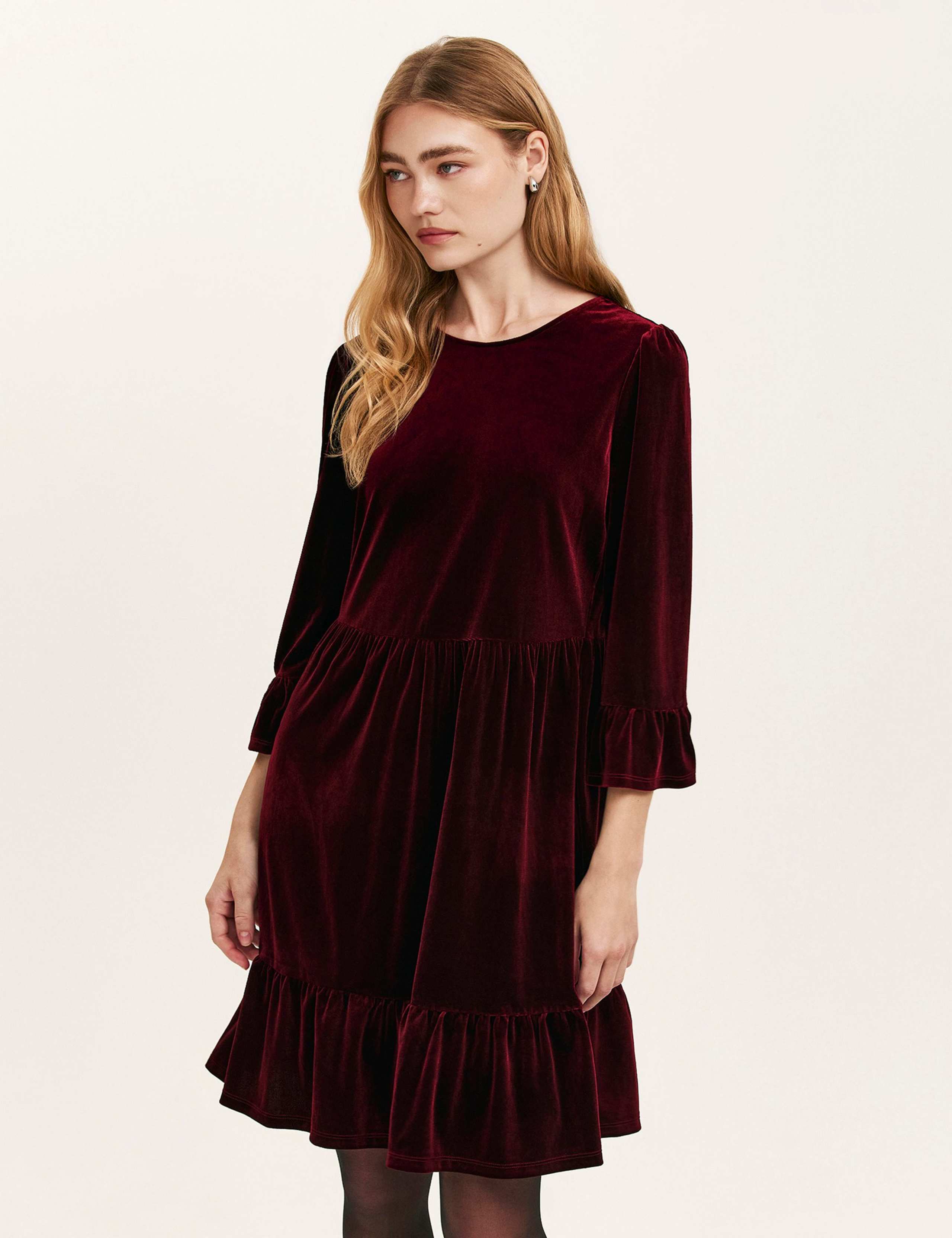 Velvet Round Neck Knee Length Tiered Dress 2 of 4