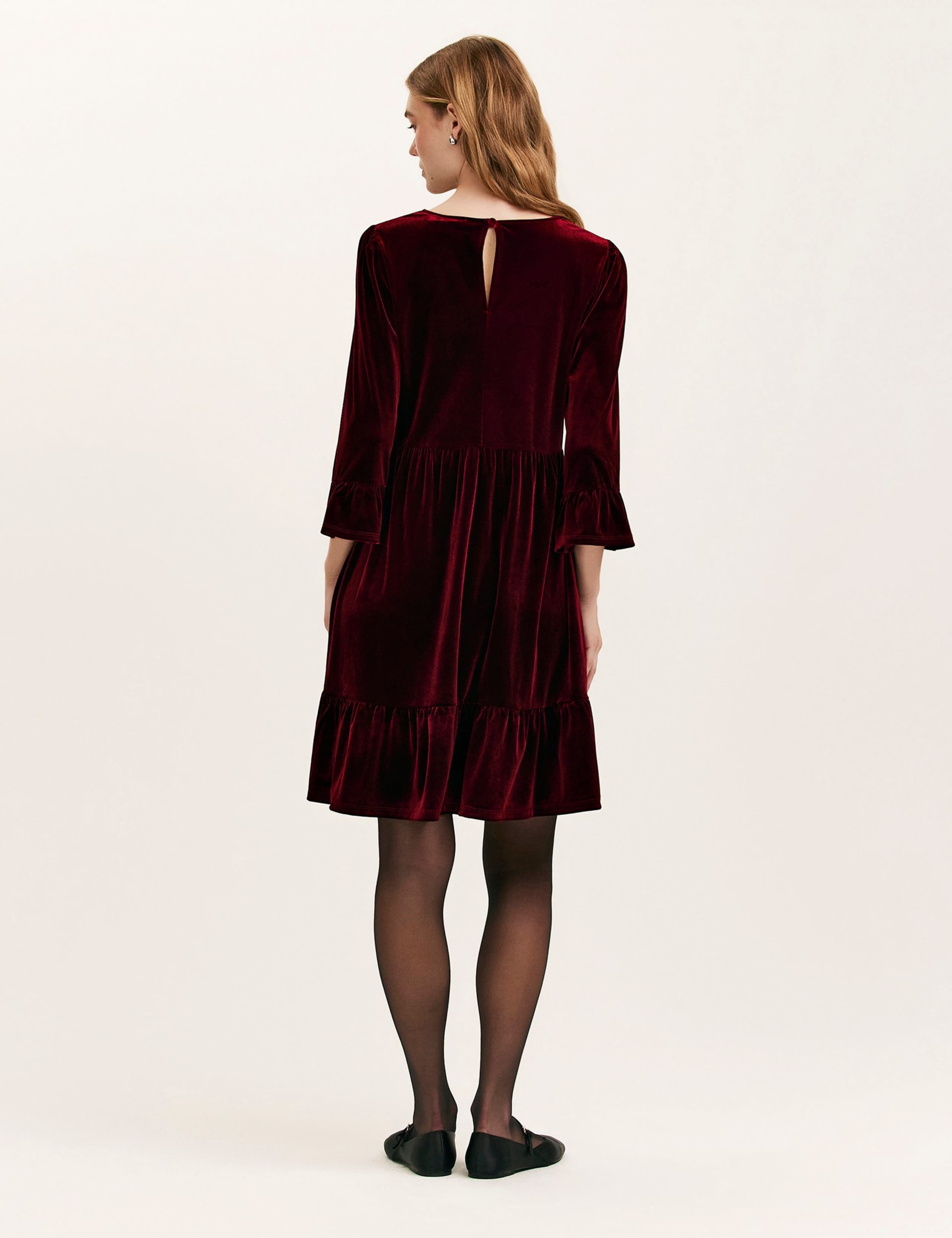 Velvet Round Neck Knee Length Tiered Dress 3 of 4