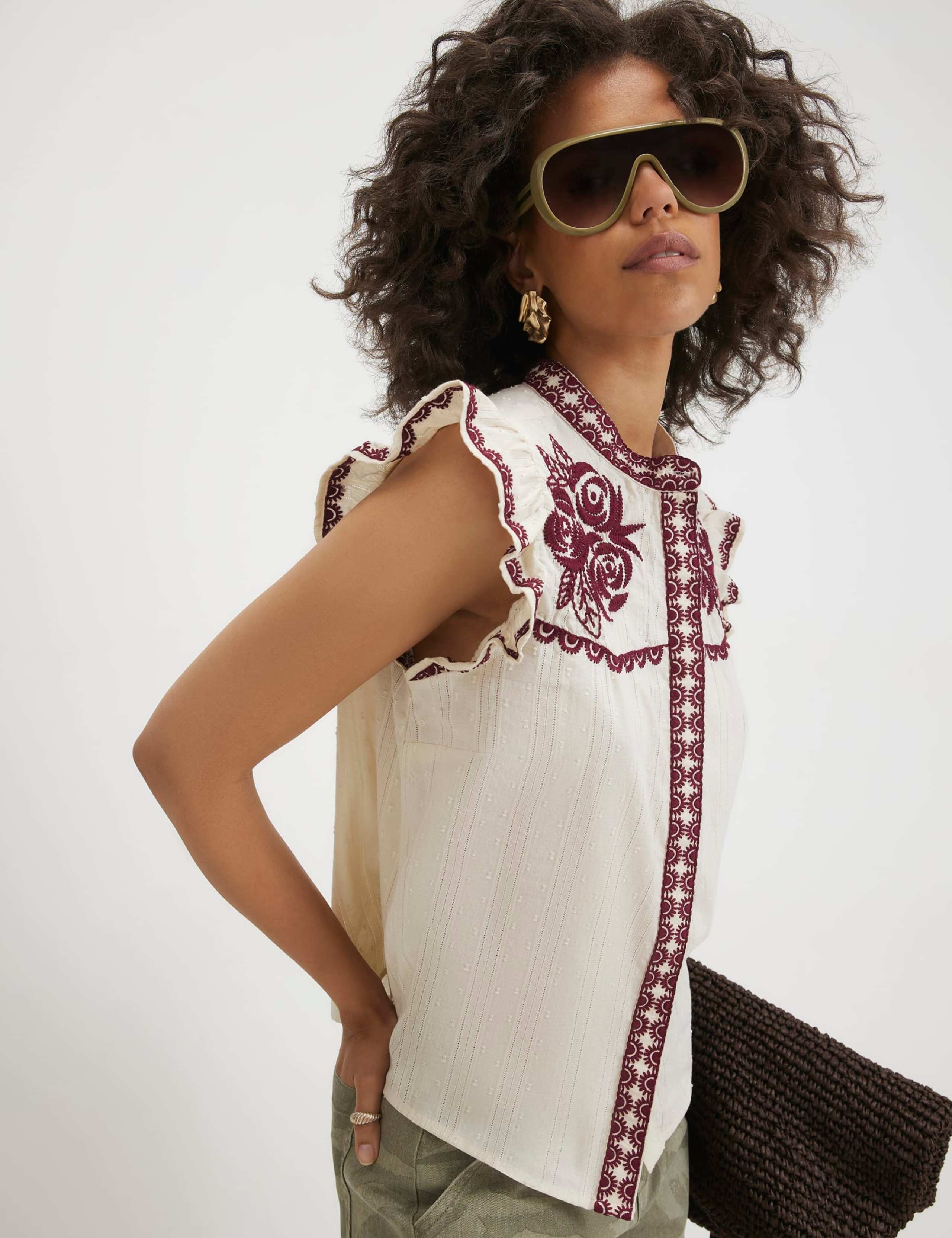 Pure Cotton Dobby Embroidered Ruffle Blouse 5 of 5