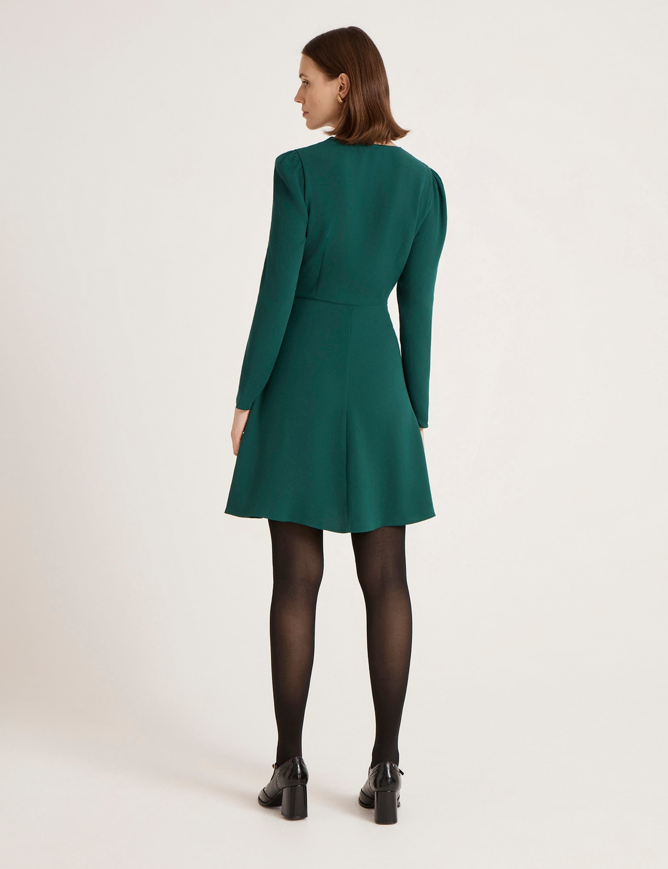 Crepe Round Neck Knee Length Waisted Dress 3 of 4