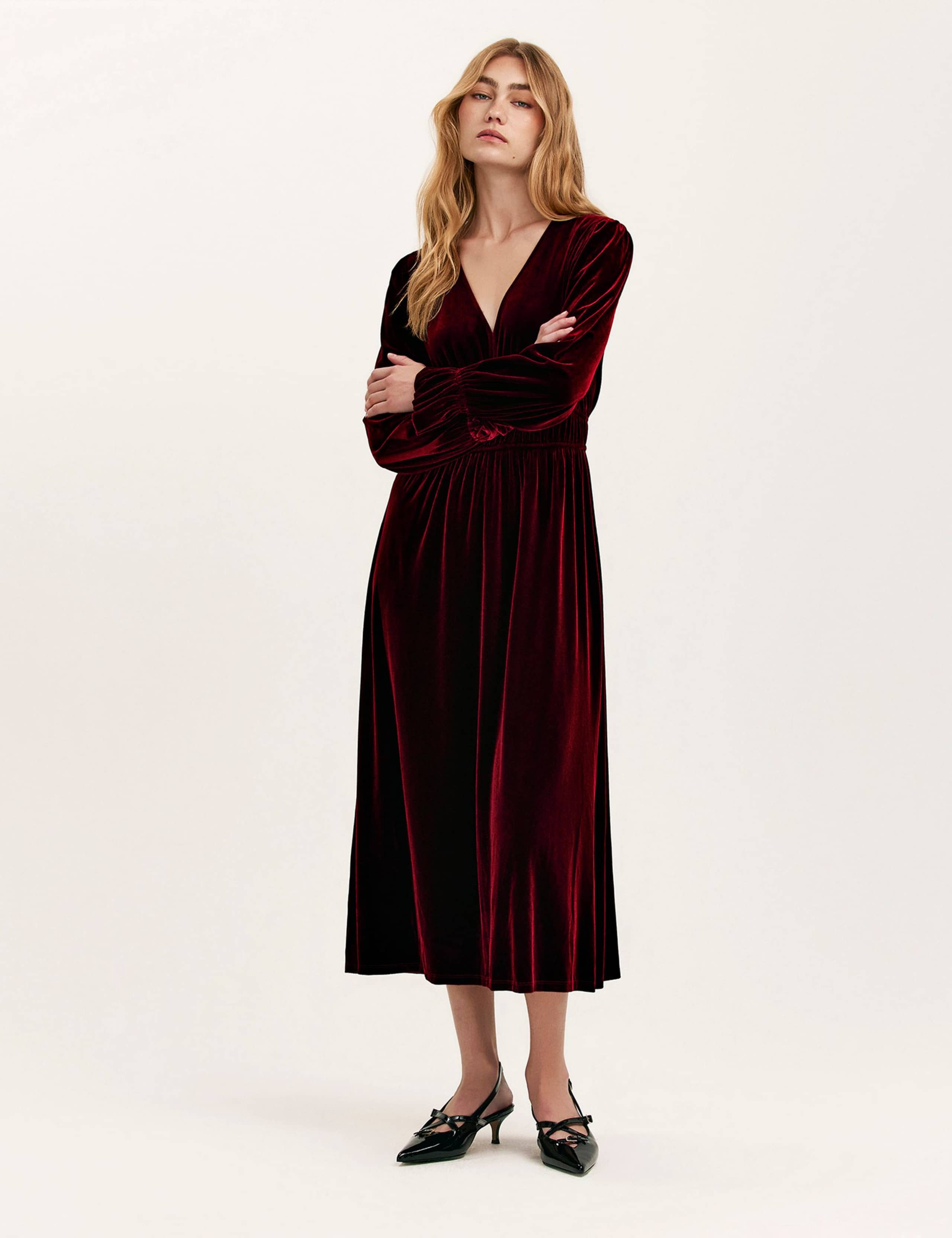 Velvet V-Neck Midi Waisted Dress 1 of 5
