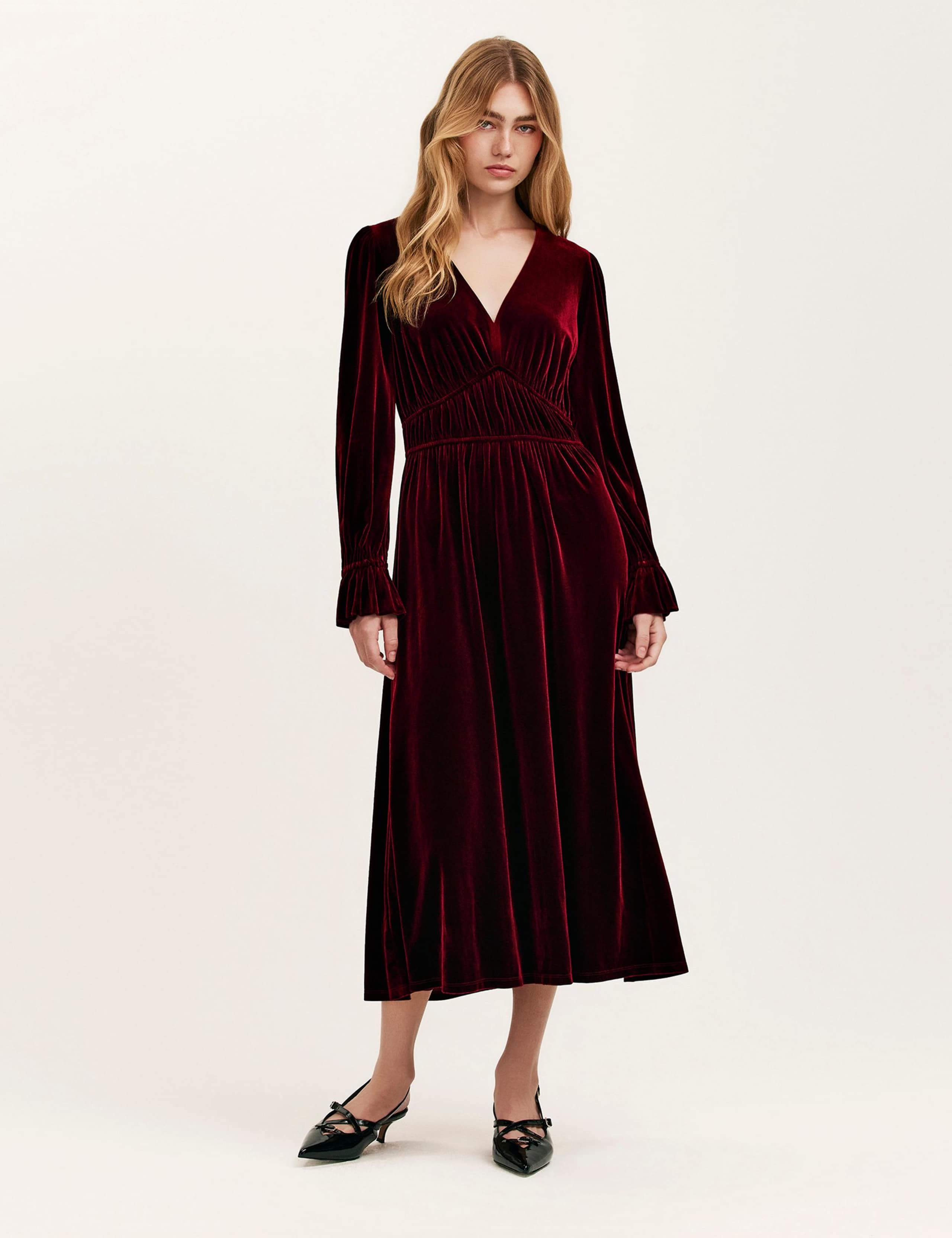 Velvet V-Neck Midi Waisted Dress 2 of 5