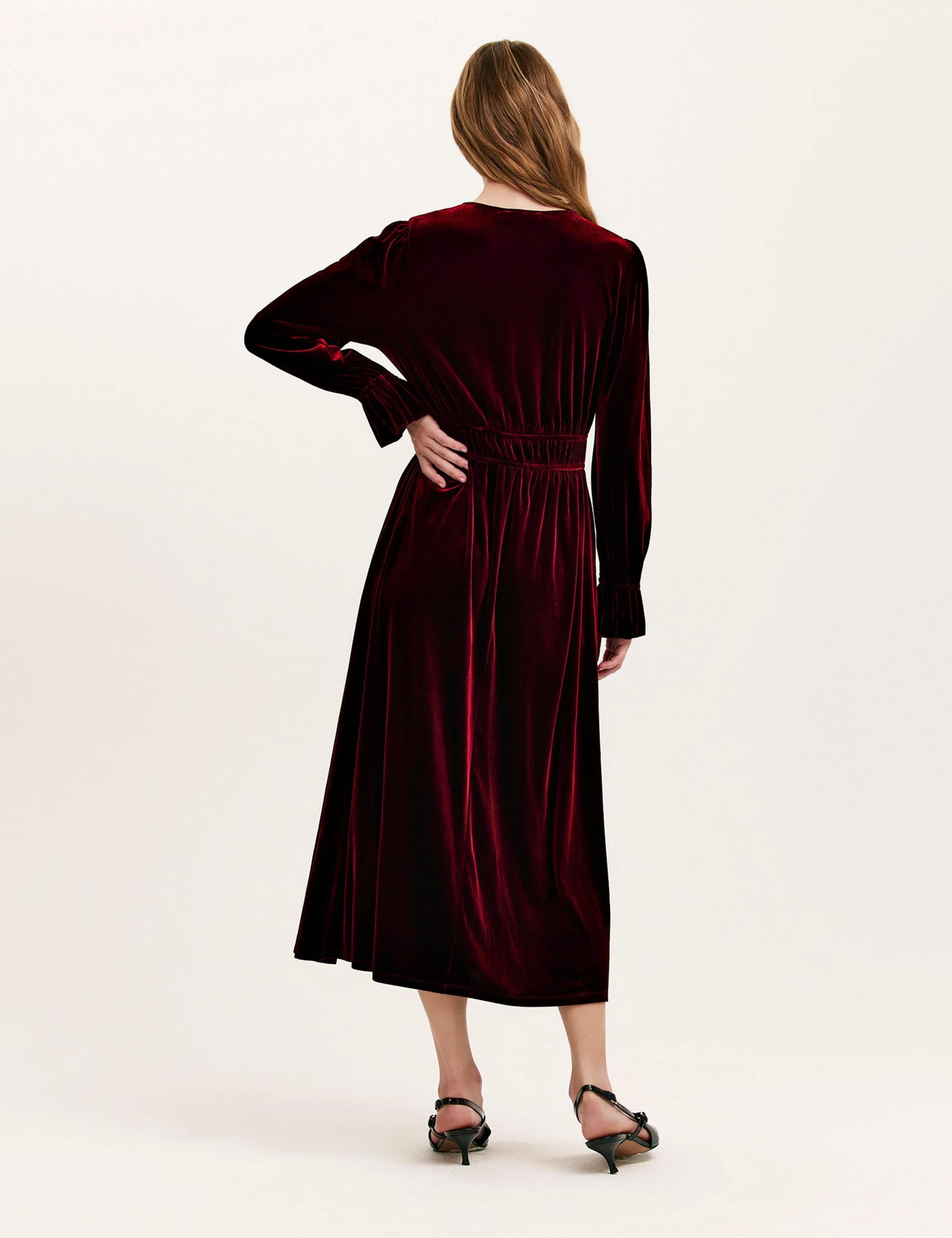 Velvet V-Neck Midi Waisted Dress 3 of 5