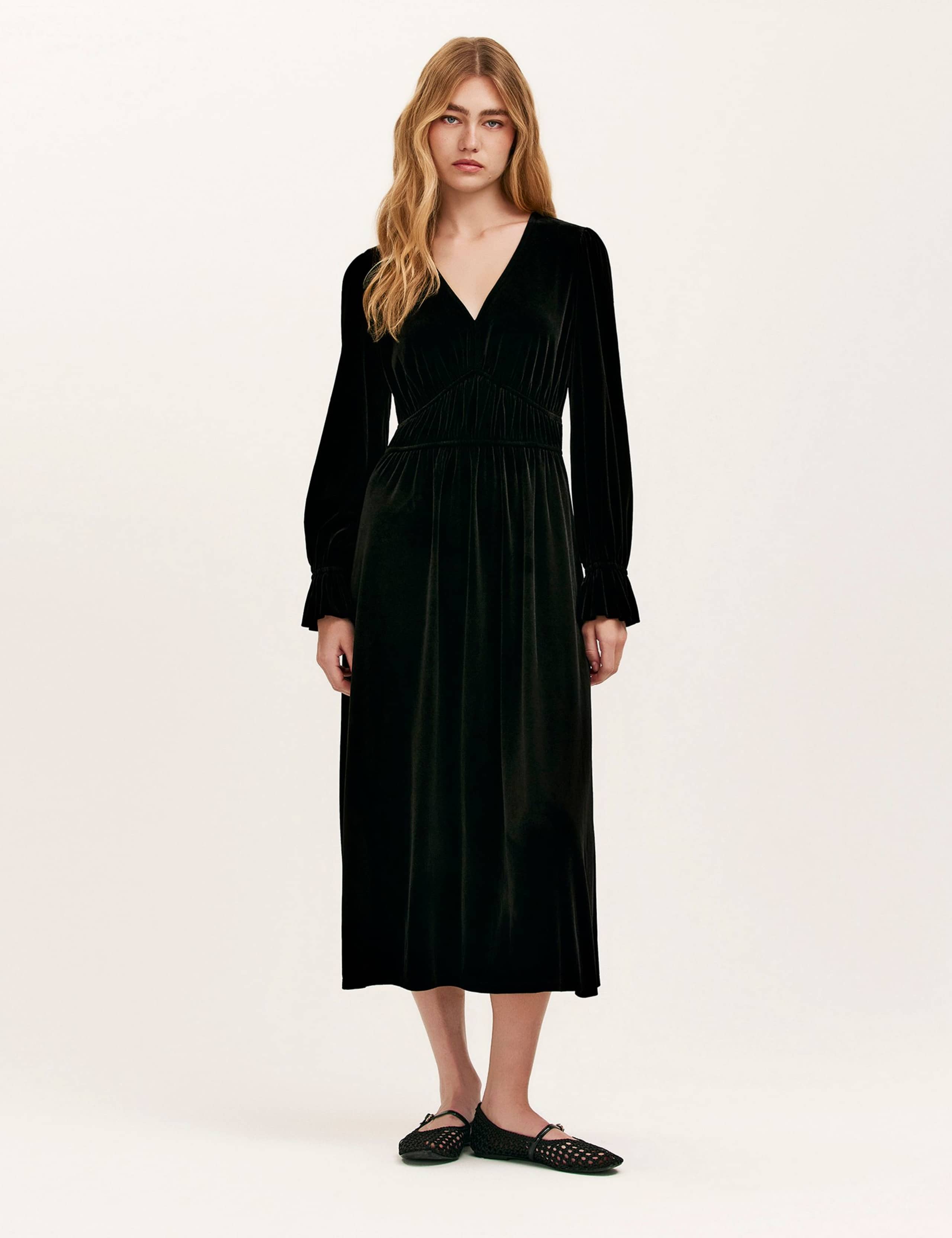 Velvet V-Neck Midi Waisted Dress 1 of 5