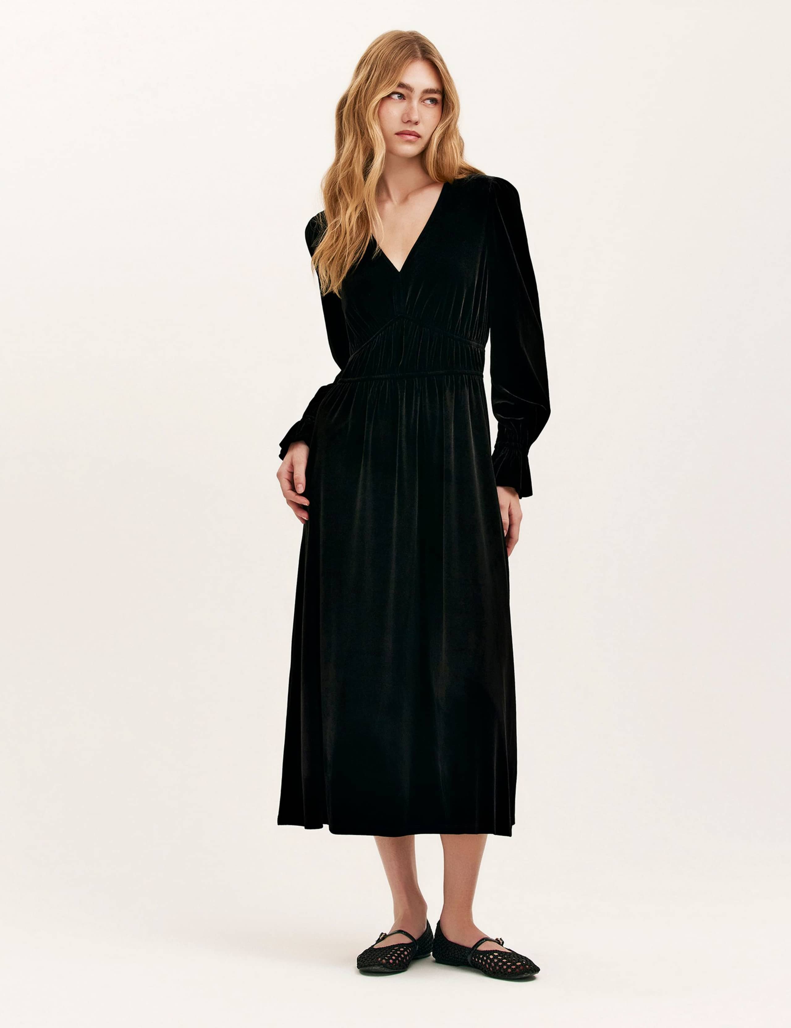 Velvet V-Neck Midi Waisted Dress 2 of 5