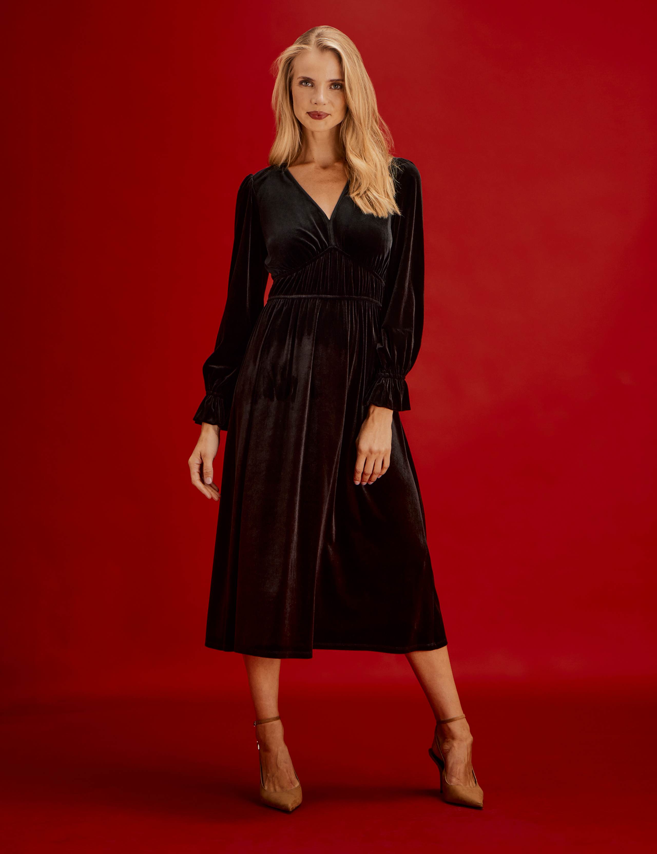 Velvet V-Neck Midi Waisted Dress 7 of 9
