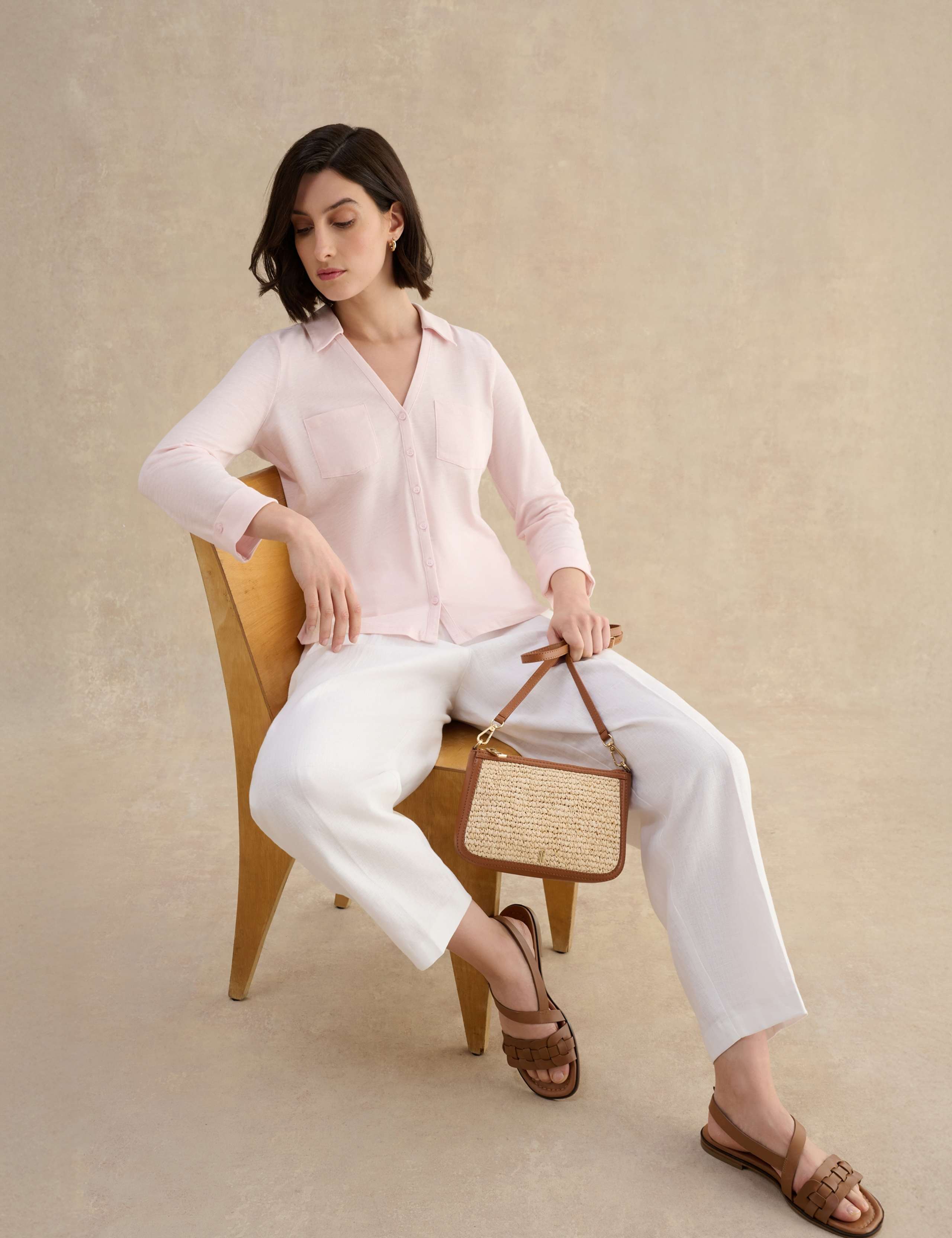 Pure Cotton Collared V-Neck 3/4 Sleeve Shirt 3 of 5