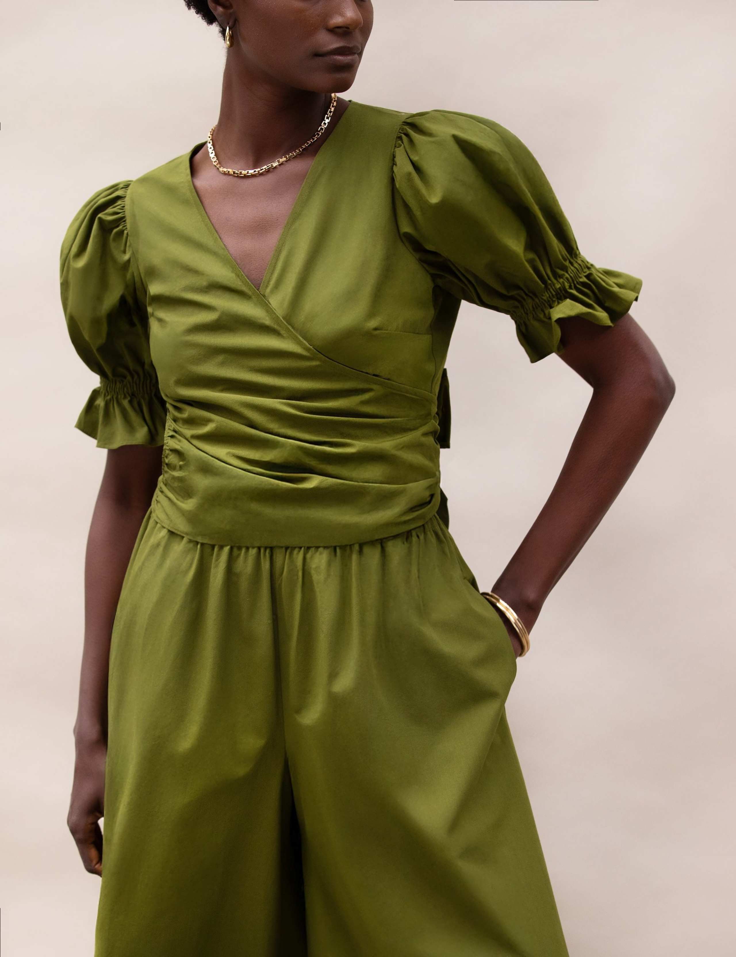 Pure Cotton V-Neck Wrap Puff Sleeve Blouse 3 of 4