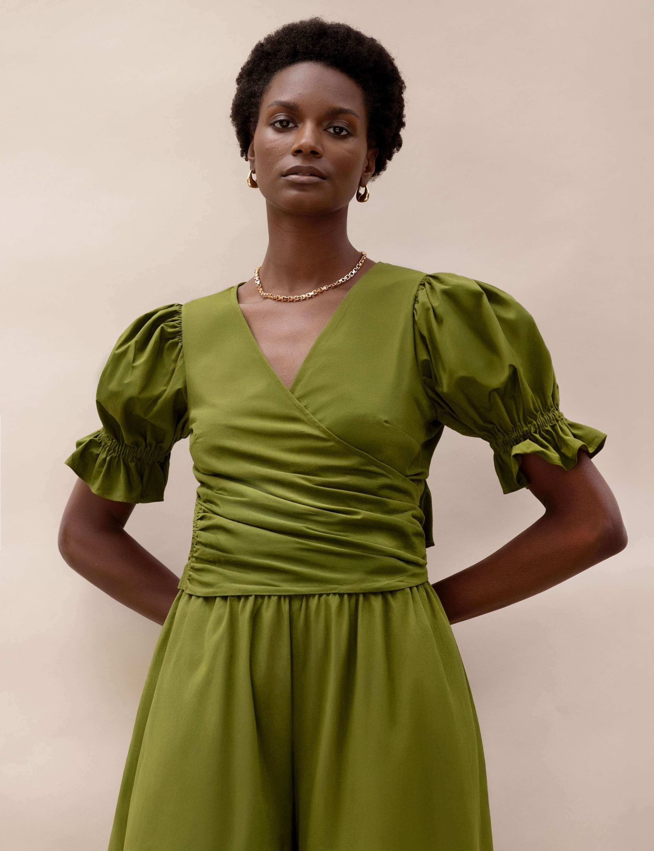 Pure Cotton V-Neck Wrap Puff Sleeve Blouse 4 of 4