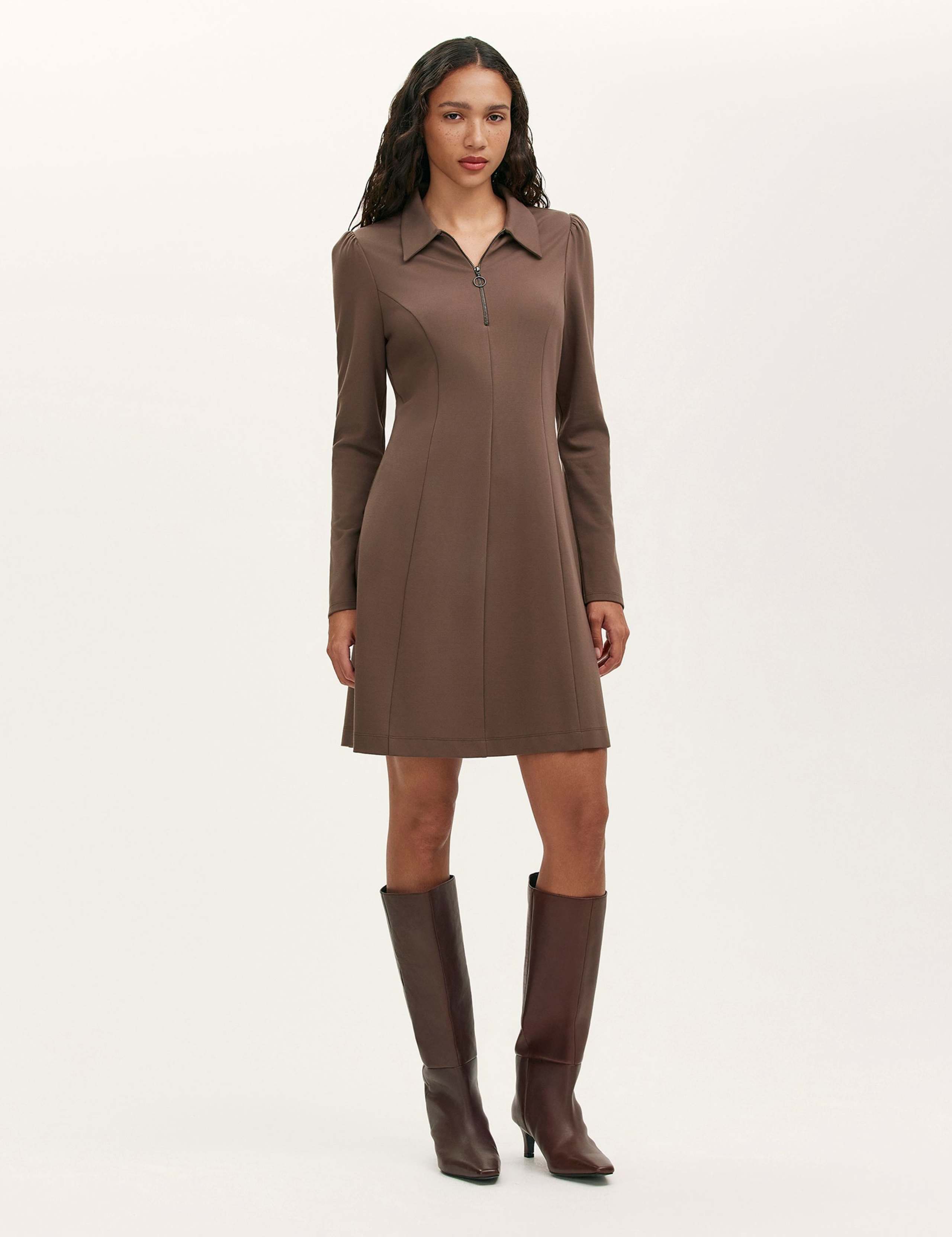 Jersey Zip Neck Knee Length Shirt Dress 1 of 5